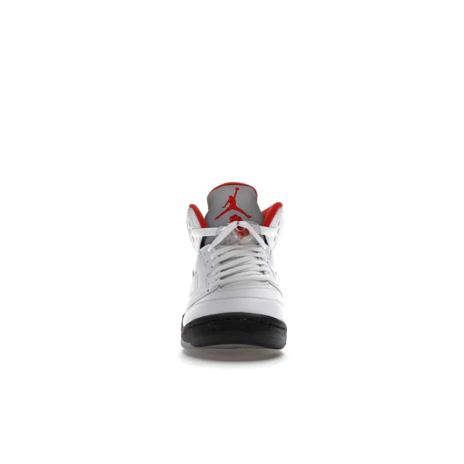 Jordan 5 Retro Fire Red Silver Tongue (2020) (GS) - Image 10 - Only at www.BallersClubKickz.com - A stylish option for any grade schooler. The Air Jordan 5 Retro Fire Red Silver Tongue 2020 GS features a combination of four hues, premium white leather, a clear mesh mid-upper and a reflective silver tongue. An icy translucent blue outsole completes the look. Available on May 2, $150.