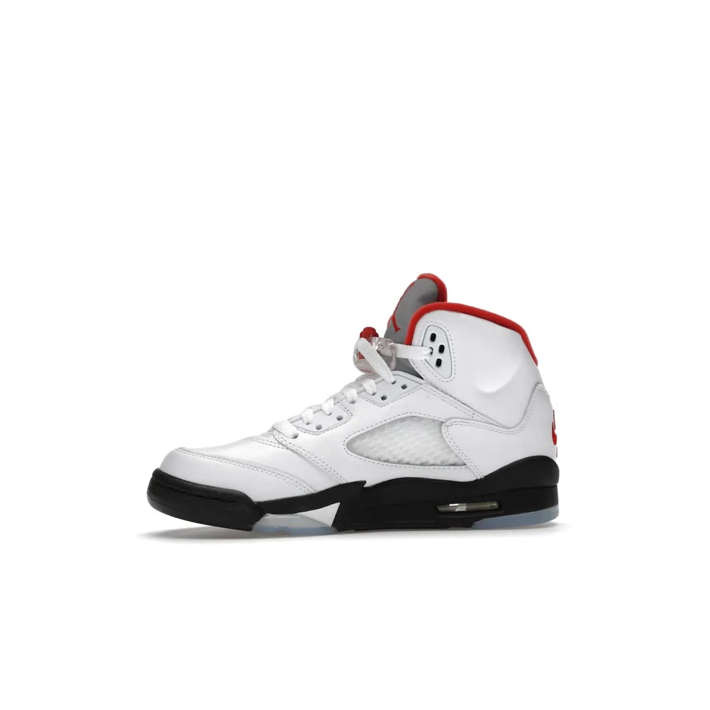 Jordan 5 Retro Fire Red Silver Tongue (2020) (GS) - Image 18 - Only at www.BallersClubKickz.com - A stylish option for any grade schooler. The Air Jordan 5 Retro Fire Red Silver Tongue 2020 GS features a combination of four hues, premium white leather, a clear mesh mid-upper and a reflective silver tongue. An icy translucent blue outsole completes the look. Available on May 2, $150.