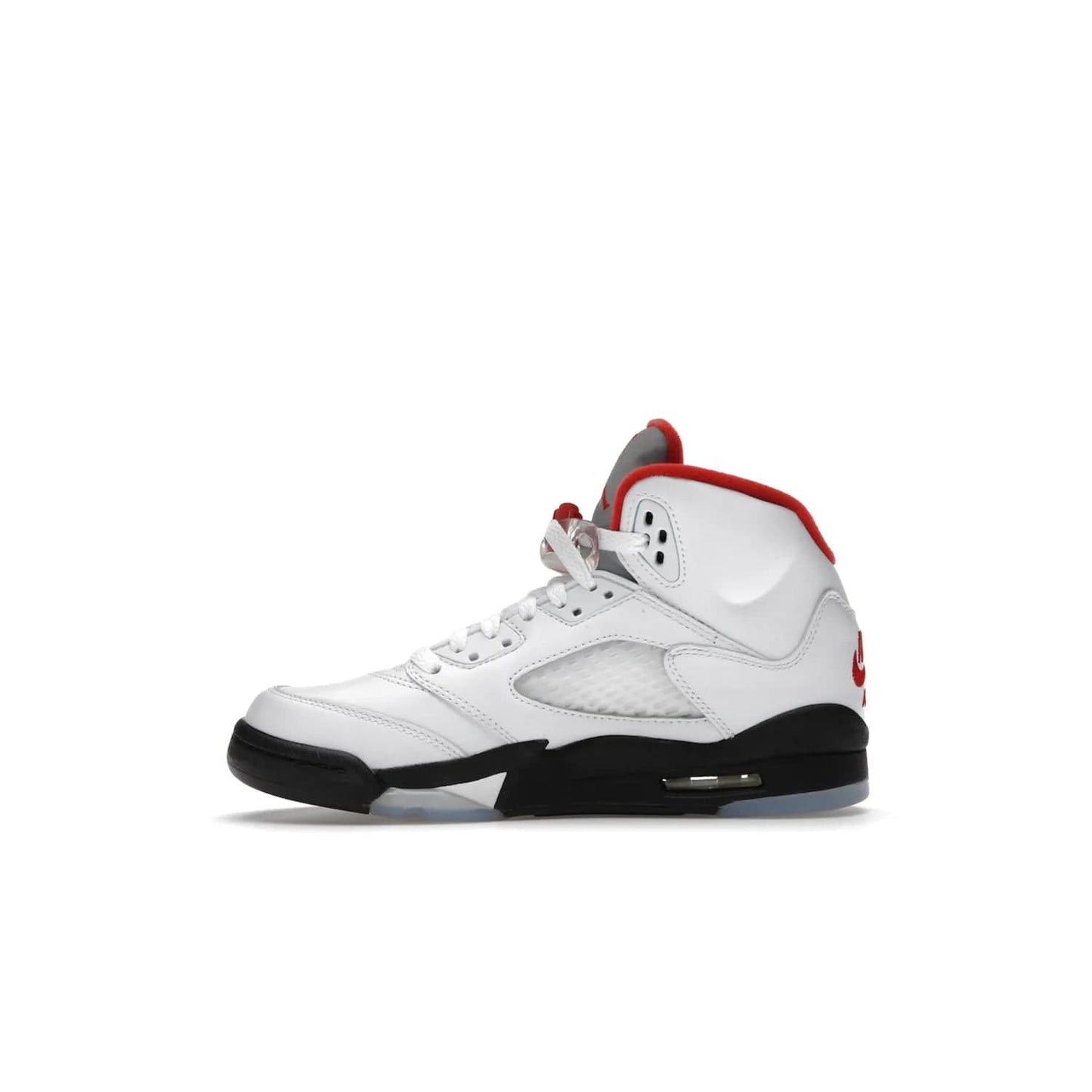 Jordan 5 Retro Fire Red Silver Tongue (2020) (GS) - Image 19 - Only at www.BallersClubKickz.com - A stylish option for any grade schooler. The Air Jordan 5 Retro Fire Red Silver Tongue 2020 GS features a combination of four hues, premium white leather, a clear mesh mid-upper and a reflective silver tongue. An icy translucent blue outsole completes the look. Available on May 2, $150.