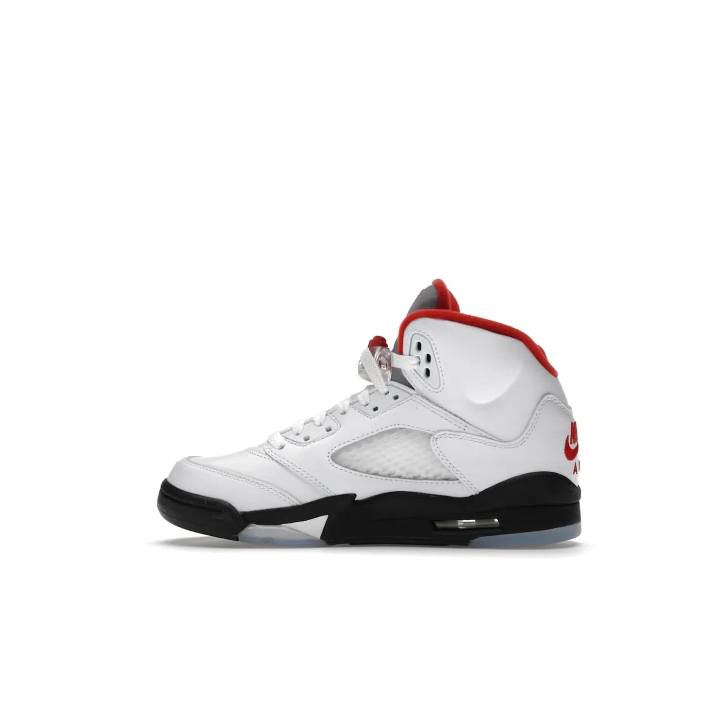 Jordan 5 Retro Fire Red Silver Tongue (2020) (GS) - Image 20 - Only at www.BallersClubKickz.com - A stylish option for any grade schooler. The Air Jordan 5 Retro Fire Red Silver Tongue 2020 GS features a combination of four hues, premium white leather, a clear mesh mid-upper and a reflective silver tongue. An icy translucent blue outsole completes the look. Available on May 2, $150.