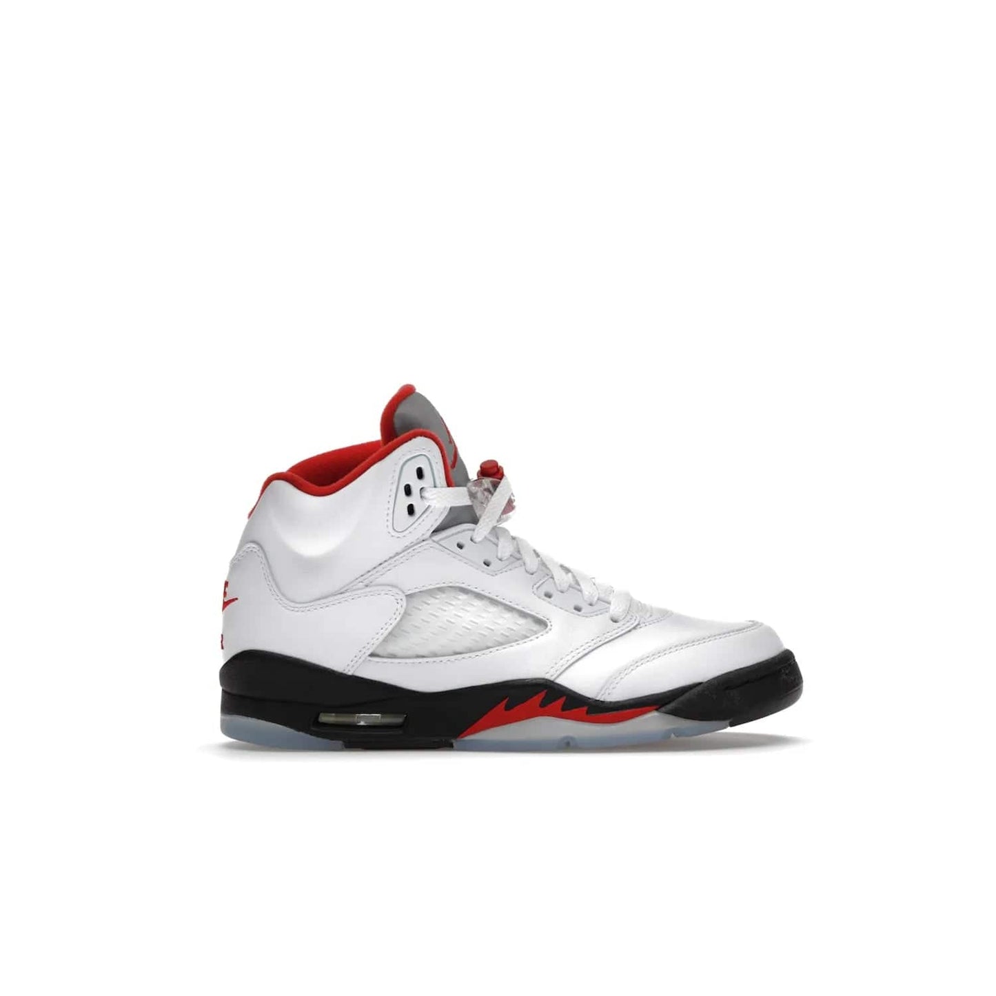 Jordan 5 Retro Fire Red Silver Tongue (2020) (GS) - Image 1 - Only at www.BallersClubKickz.com - A stylish option for any grade schooler. The Air Jordan 5 Retro Fire Red Silver Tongue 2020 GS features a combination of four hues, premium white leather, a clear mesh mid-upper and a reflective silver tongue. An icy translucent blue outsole completes the look. Available on May 2, $150.