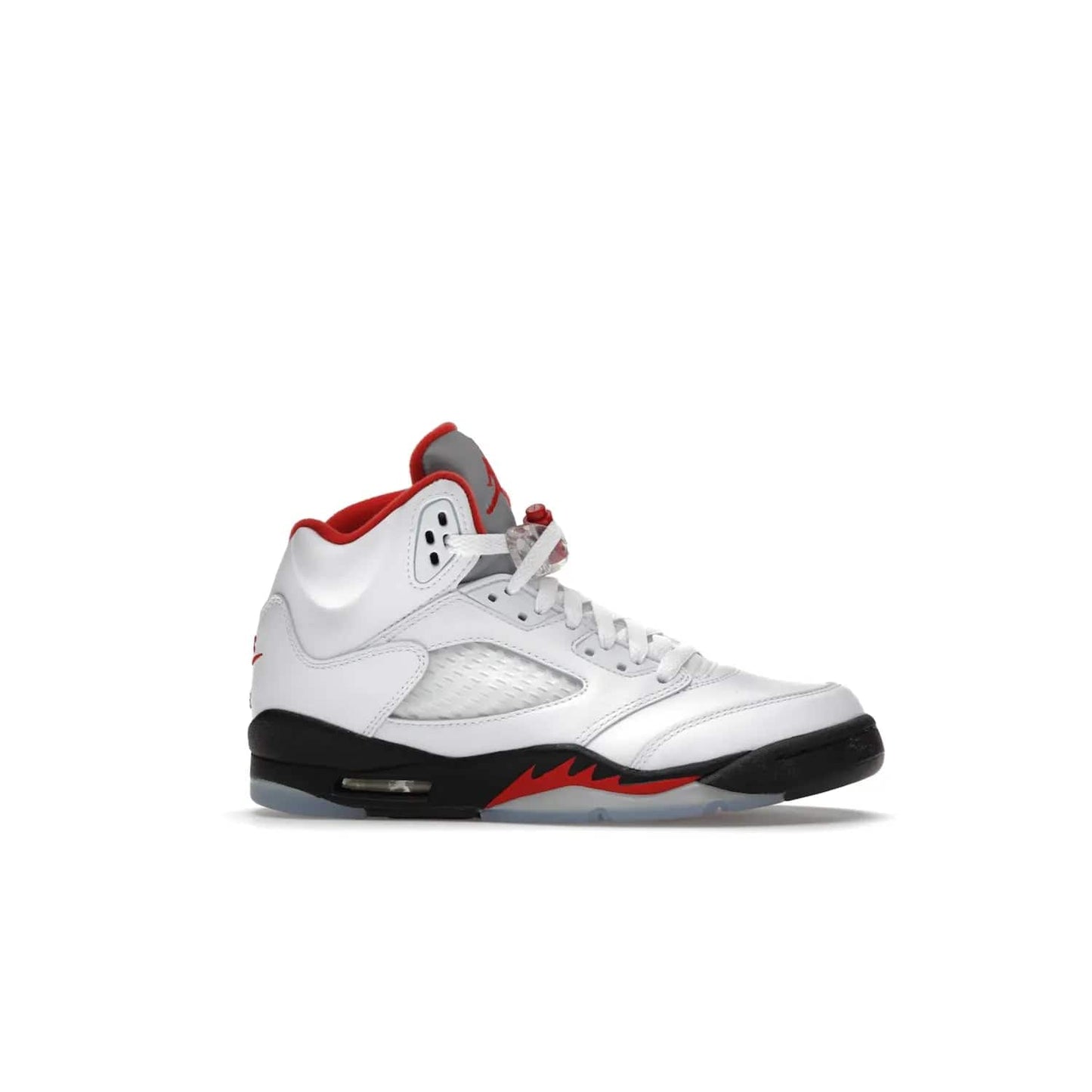 Jordan 5 Retro Fire Red Silver Tongue (2020) (GS) - Image 2 - Only at www.BallersClubKickz.com - A stylish option for any grade schooler. The Air Jordan 5 Retro Fire Red Silver Tongue 2020 GS features a combination of four hues, premium white leather, a clear mesh mid-upper and a reflective silver tongue. An icy translucent blue outsole completes the look. Available on May 2, $150.