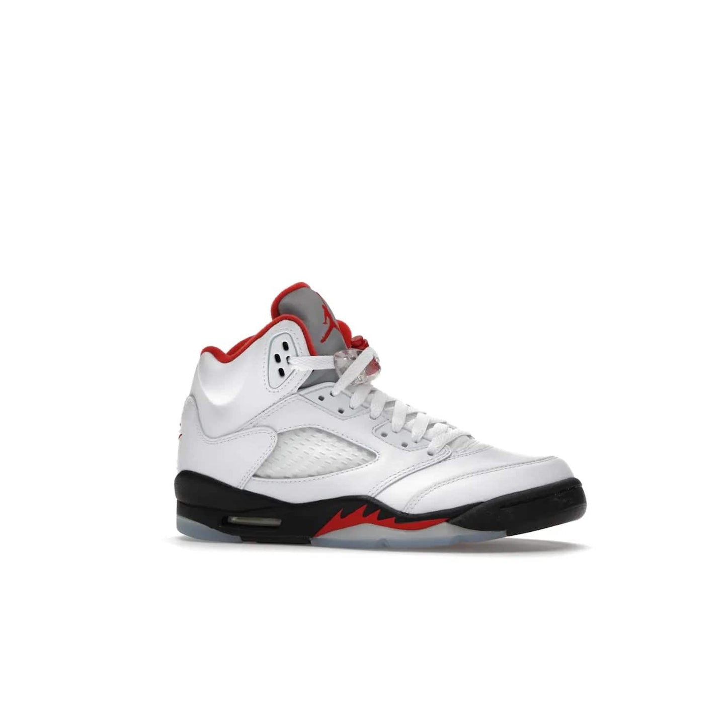 Jordan 5 Retro Fire Red Silver Tongue (2020) (GS) - Image 3 - Only at www.BallersClubKickz.com - A stylish option for any grade schooler. The Air Jordan 5 Retro Fire Red Silver Tongue 2020 GS features a combination of four hues, premium white leather, a clear mesh mid-upper and a reflective silver tongue. An icy translucent blue outsole completes the look. Available on May 2, $150.