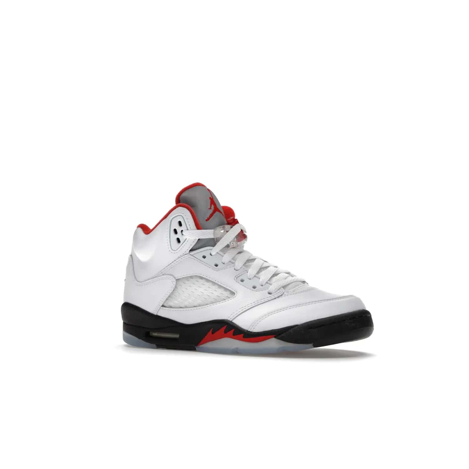 Jordan 5 Retro Fire Red Silver Tongue (2020) (GS) - Image 4 - Only at www.BallersClubKickz.com - A stylish option for any grade schooler. The Air Jordan 5 Retro Fire Red Silver Tongue 2020 GS features a combination of four hues, premium white leather, a clear mesh mid-upper and a reflective silver tongue. An icy translucent blue outsole completes the look. Available on May 2, $150.