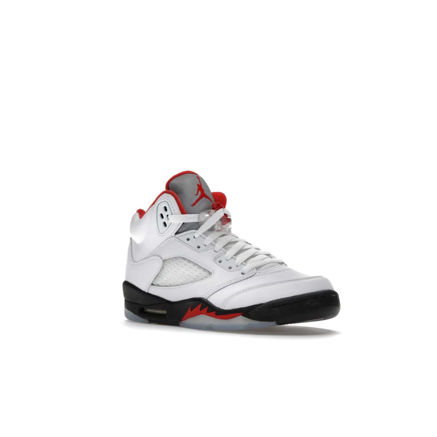 Jordan 5 Retro Fire Red Silver Tongue (2020) (GS) - Image 5 - Only at www.BallersClubKickz.com - A stylish option for any grade schooler. The Air Jordan 5 Retro Fire Red Silver Tongue 2020 GS features a combination of four hues, premium white leather, a clear mesh mid-upper and a reflective silver tongue. An icy translucent blue outsole completes the look. Available on May 2, $150.