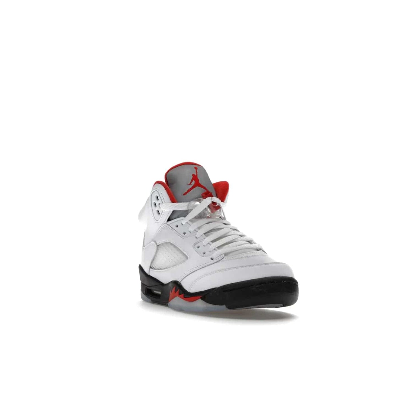 Jordan 5 Retro Fire Red Silver Tongue (2020) (GS) - Image 7 - Only at www.BallersClubKickz.com - A stylish option for any grade schooler. The Air Jordan 5 Retro Fire Red Silver Tongue 2020 GS features a combination of four hues, premium white leather, a clear mesh mid-upper and a reflective silver tongue. An icy translucent blue outsole completes the look. Available on May 2, $150.