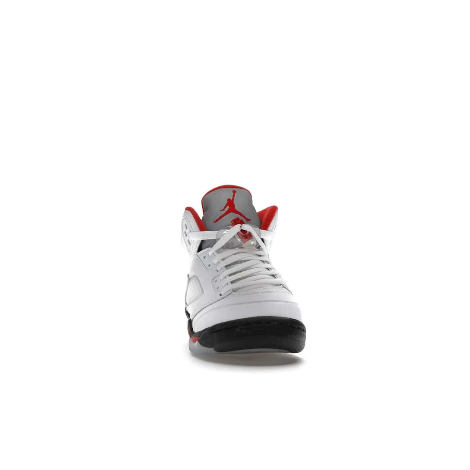 Jordan 5 Retro Fire Red Silver Tongue (2020) (GS) - Image 9 - Only at www.BallersClubKickz.com - A stylish option for any grade schooler. The Air Jordan 5 Retro Fire Red Silver Tongue 2020 GS features a combination of four hues, premium white leather, a clear mesh mid-upper and a reflective silver tongue. An icy translucent blue outsole completes the look. Available on May 2, $150.