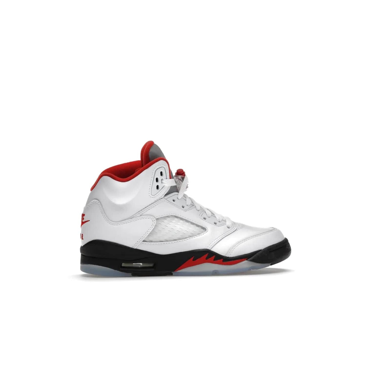 Jordan 5 Retro Fire Red Silver Tongue (2020) (GS) - Image 36 - Only at www.BallersClubKickz.com - A stylish option for any grade schooler. The Air Jordan 5 Retro Fire Red Silver Tongue 2020 GS features a combination of four hues, premium white leather, a clear mesh mid-upper and a reflective silver tongue. An icy translucent blue outsole completes the look. Available on May 2, $150.