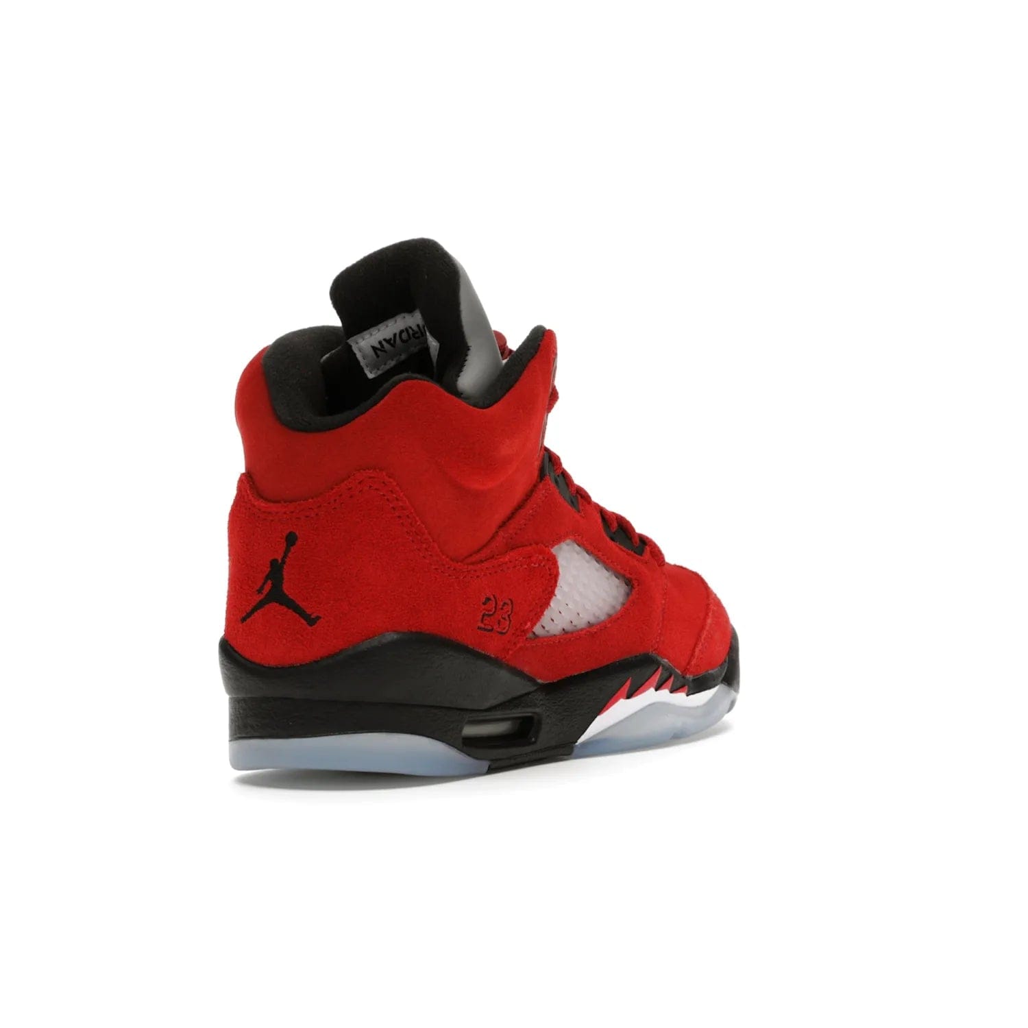 Jordan 5 Retro Raging Bull Red (2021) (GS) - Image 31 - Only at www.BallersClubKickz.com - Jordan 5 Retro Raging Bulls Red 2021 GS. Varsity Red suede upper with embroidered number 23, black leather detail, red laces, and midsole with air cushioning. Jumpman logos on tongue, heel, and outsole. On-trend streetwear and basketball style. Released April 10, 2021.