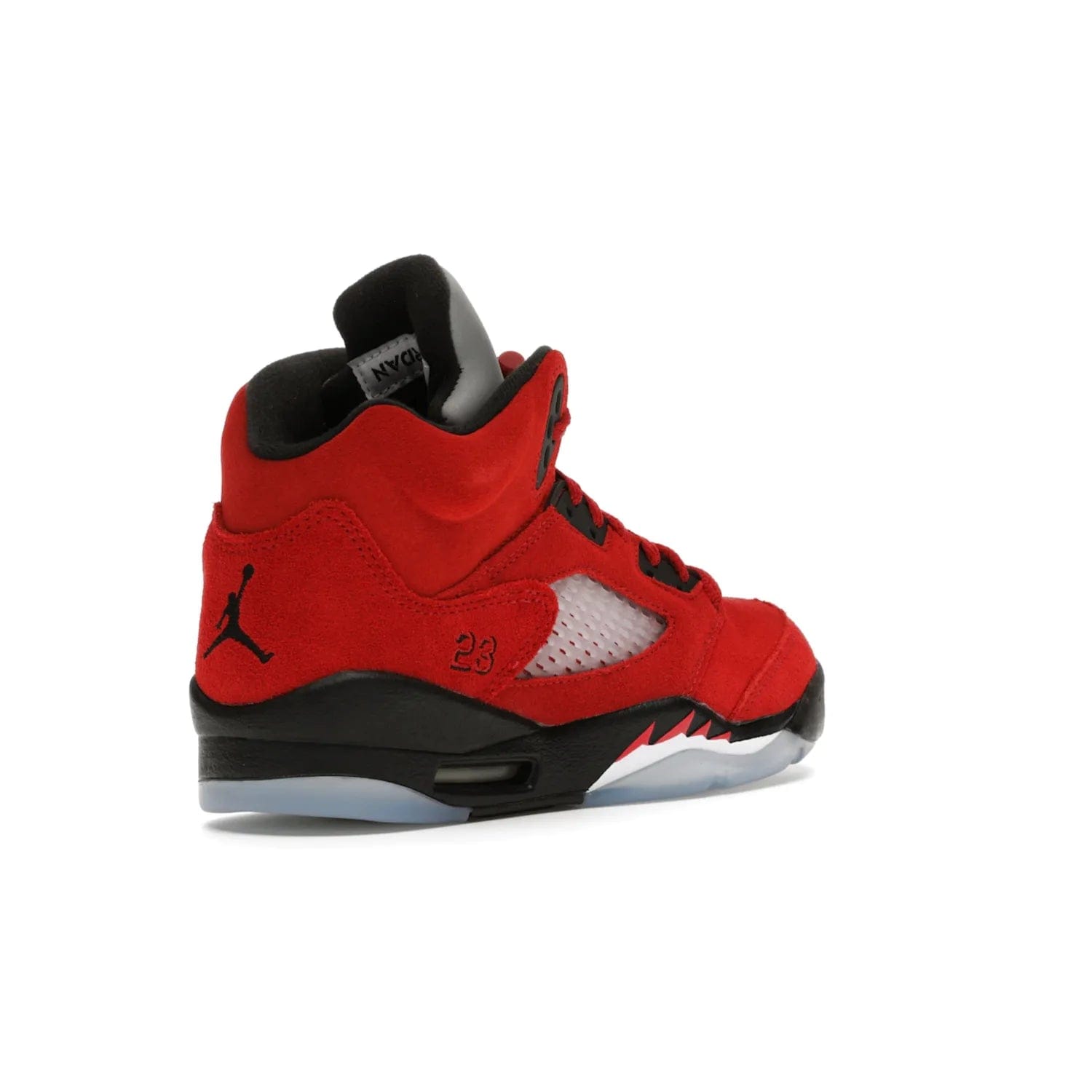 Jordan 5 Retro Raging Bull Red (2021) (GS) - Image 32 - Only at www.BallersClubKickz.com - Jordan 5 Retro Raging Bulls Red 2021 GS. Varsity Red suede upper with embroidered number 23, black leather detail, red laces, and midsole with air cushioning. Jumpman logos on tongue, heel, and outsole. On-trend streetwear and basketball style. Released April 10, 2021.