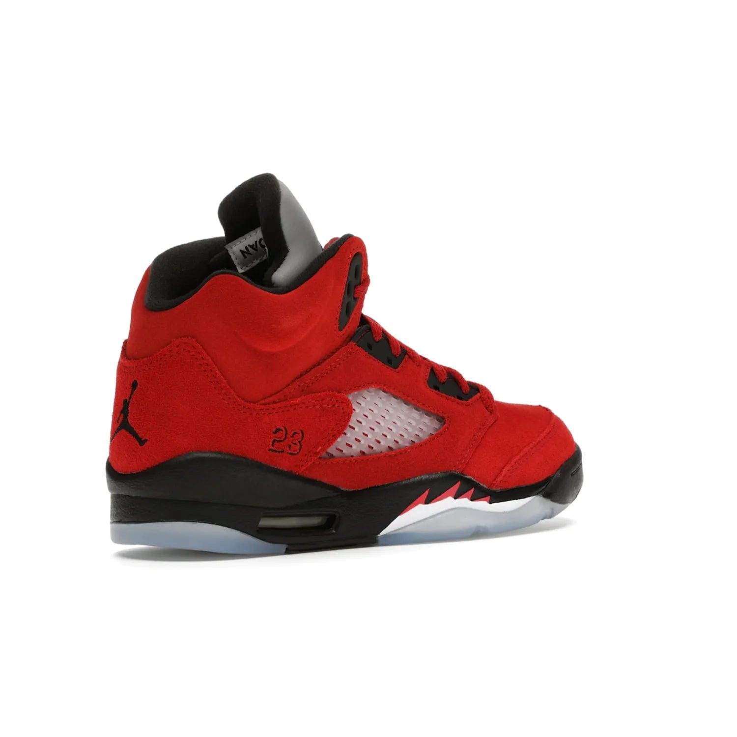 Jordan 5 Retro Raging Bull Red (2021) (GS) - Image 33 - Only at www.BallersClubKickz.com - Jordan 5 Retro Raging Bulls Red 2021 GS. Varsity Red suede upper with embroidered number 23, black leather detail, red laces, and midsole with air cushioning. Jumpman logos on tongue, heel, and outsole. On-trend streetwear and basketball style. Released April 10, 2021.