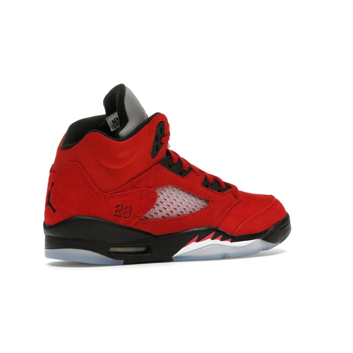 Jordan 5 Retro Raging Bull Red (2021) (GS) - Image 34 - Only at www.BallersClubKickz.com - Jordan 5 Retro Raging Bulls Red 2021 GS. Varsity Red suede upper with embroidered number 23, black leather detail, red laces, and midsole with air cushioning. Jumpman logos on tongue, heel, and outsole. On-trend streetwear and basketball style. Released April 10, 2021.