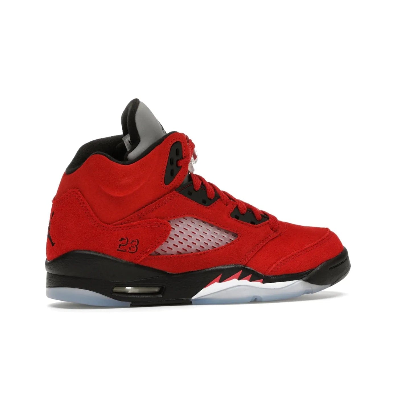 Jordan 5 Retro Raging Bull Red (2021) (GS) - Image 35 - Only at www.BallersClubKickz.com - Jordan 5 Retro Raging Bulls Red 2021 GS. Varsity Red suede upper with embroidered number 23, black leather detail, red laces, and midsole with air cushioning. Jumpman logos on tongue, heel, and outsole. On-trend streetwear and basketball style. Released April 10, 2021.