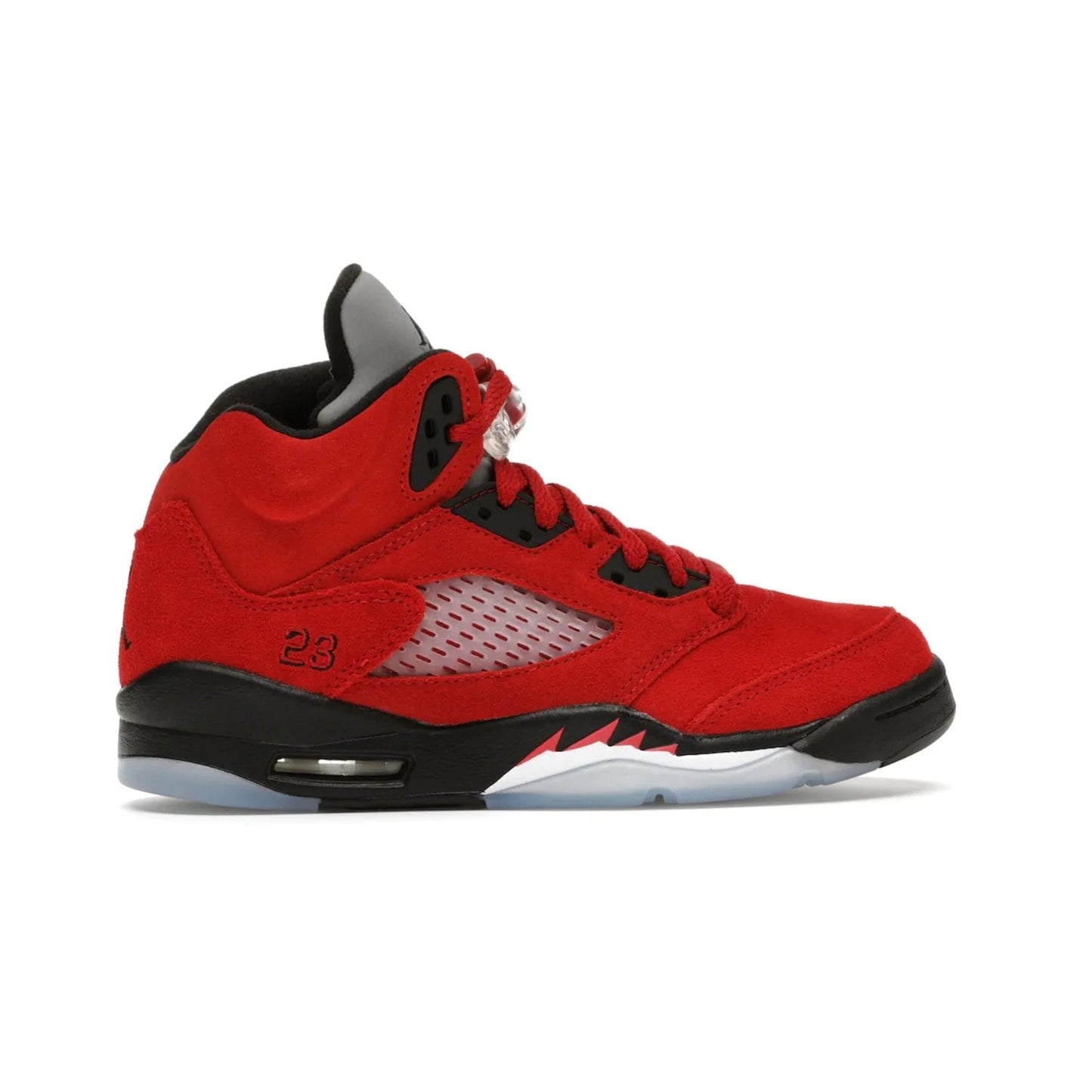 Jordan 5 Retro Raging Bull Red (2021) (GS) - Image 36 - Only at www.BallersClubKickz.com - Jordan 5 Retro Raging Bulls Red 2021 GS. Varsity Red suede upper with embroidered number 23, black leather detail, red laces, and midsole with air cushioning. Jumpman logos on tongue, heel, and outsole. On-trend streetwear and basketball style. Released April 10, 2021.