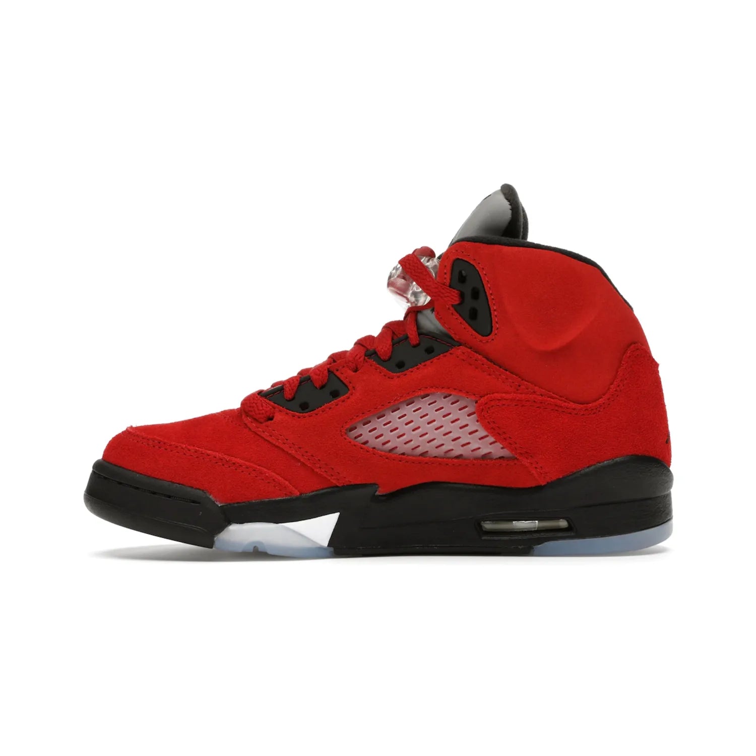 Jordan 5 Retro Raging Bull Red (2021) (GS) - Image 19 - Only at www.BallersClubKickz.com - Jordan 5 Retro Raging Bulls Red 2021 GS. Varsity Red suede upper with embroidered number 23, black leather detail, red laces, and midsole with air cushioning. Jumpman logos on tongue, heel, and outsole. On-trend streetwear and basketball style. Released April 10, 2021.