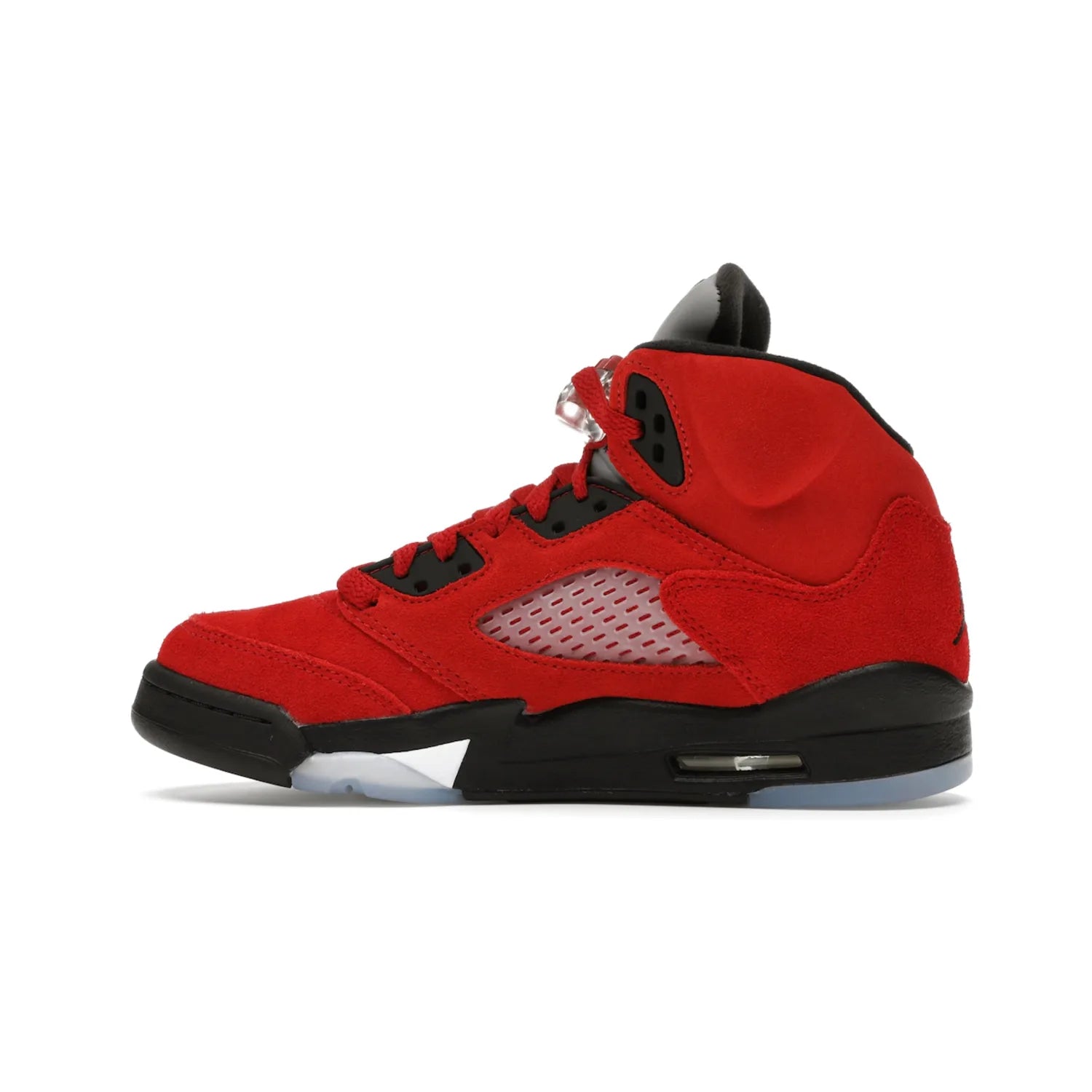 Jordan 5 Retro Raging Bull Red (2021) (GS) - Image 20 - Only at www.BallersClubKickz.com - Jordan 5 Retro Raging Bulls Red 2021 GS. Varsity Red suede upper with embroidered number 23, black leather detail, red laces, and midsole with air cushioning. Jumpman logos on tongue, heel, and outsole. On-trend streetwear and basketball style. Released April 10, 2021.