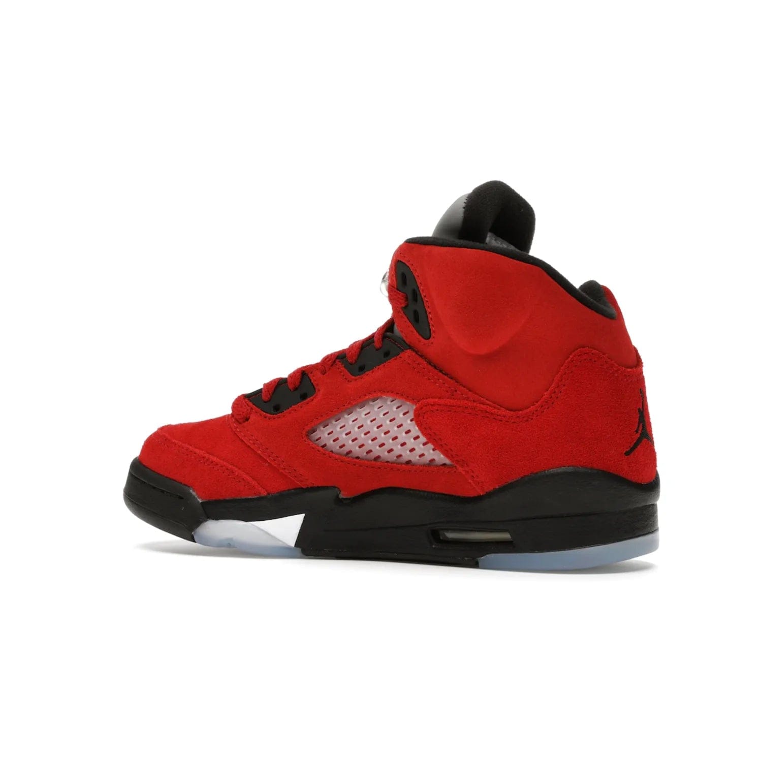 Jordan 5 Retro Raging Bull Red (2021) (GS) - Image 22 - Only at www.BallersClubKickz.com - Jordan 5 Retro Raging Bulls Red 2021 GS. Varsity Red suede upper with embroidered number 23, black leather detail, red laces, and midsole with air cushioning. Jumpman logos on tongue, heel, and outsole. On-trend streetwear and basketball style. Released April 10, 2021.