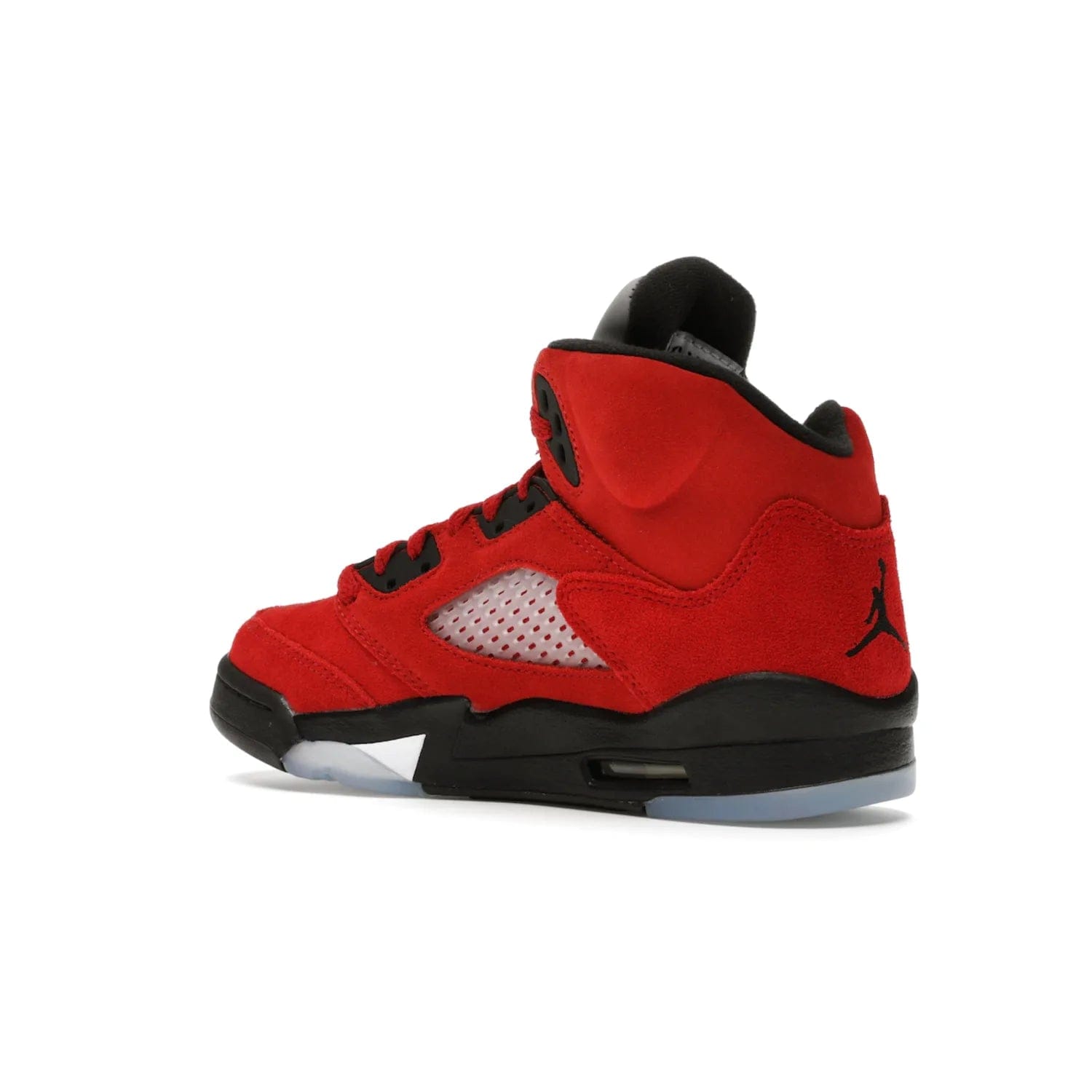 Jordan 5 Retro Raging Bull Red (2021) (GS) - Image 23 - Only at www.BallersClubKickz.com - Jordan 5 Retro Raging Bulls Red 2021 GS. Varsity Red suede upper with embroidered number 23, black leather detail, red laces, and midsole with air cushioning. Jumpman logos on tongue, heel, and outsole. On-trend streetwear and basketball style. Released April 10, 2021.