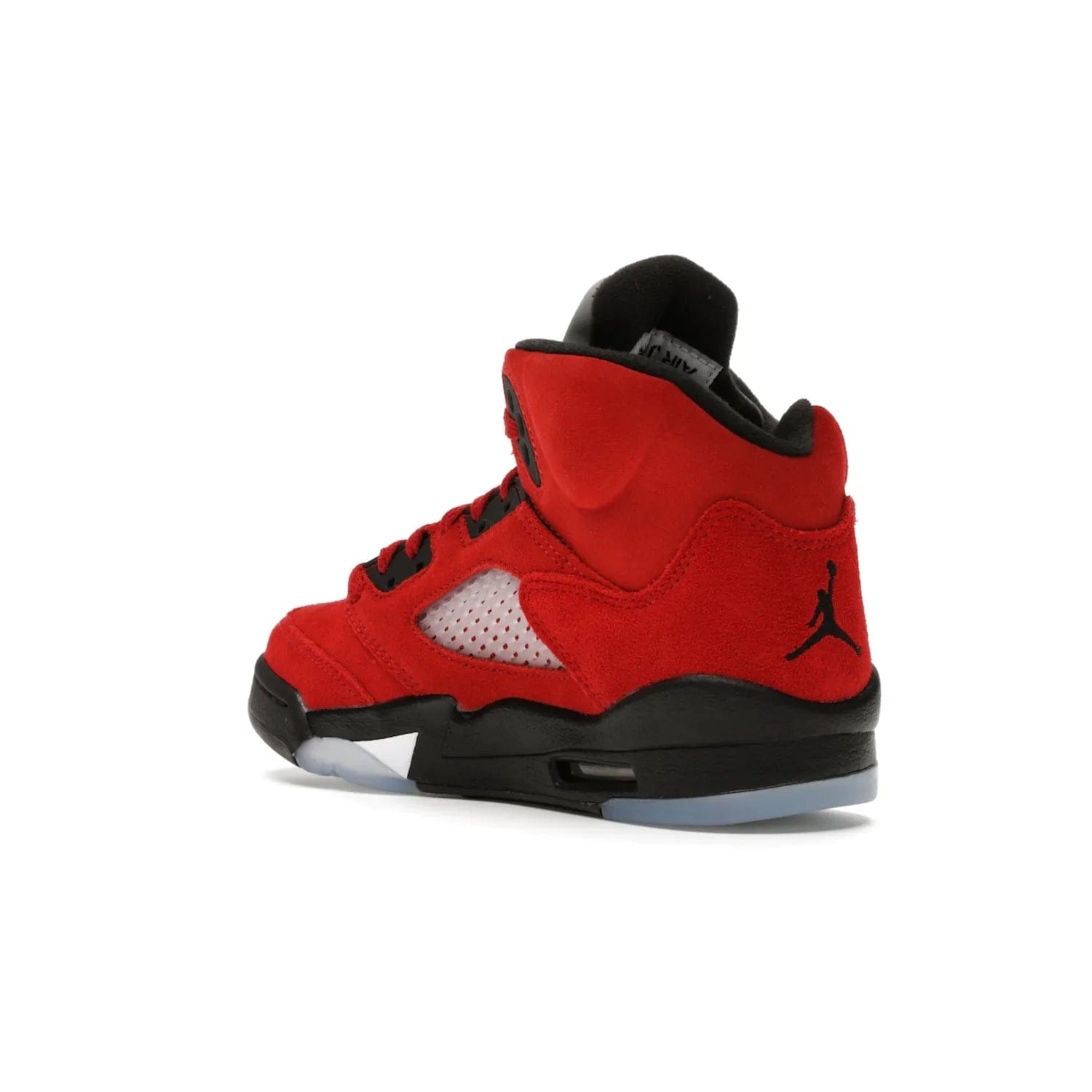 Jordan 5 Retro Raging Bull Red (2021) (GS) - Image 24 - Only at www.BallersClubKickz.com - Jordan 5 Retro Raging Bulls Red 2021 GS. Varsity Red suede upper with embroidered number 23, black leather detail, red laces, and midsole with air cushioning. Jumpman logos on tongue, heel, and outsole. On-trend streetwear and basketball style. Released April 10, 2021.