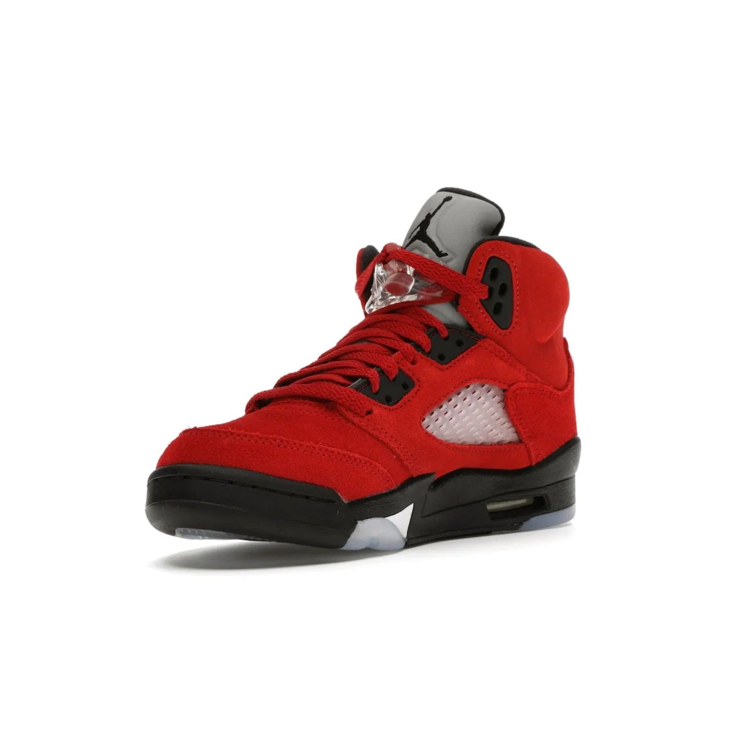 Jordan 5 Retro Raging Bull Red (2021) (GS) - Image 14 - Only at www.BallersClubKickz.com - Jordan 5 Retro Raging Bulls Red 2021 GS. Varsity Red suede upper with embroidered number 23, black leather detail, red laces, and midsole with air cushioning. Jumpman logos on tongue, heel, and outsole. On-trend streetwear and basketball style. Released April 10, 2021.