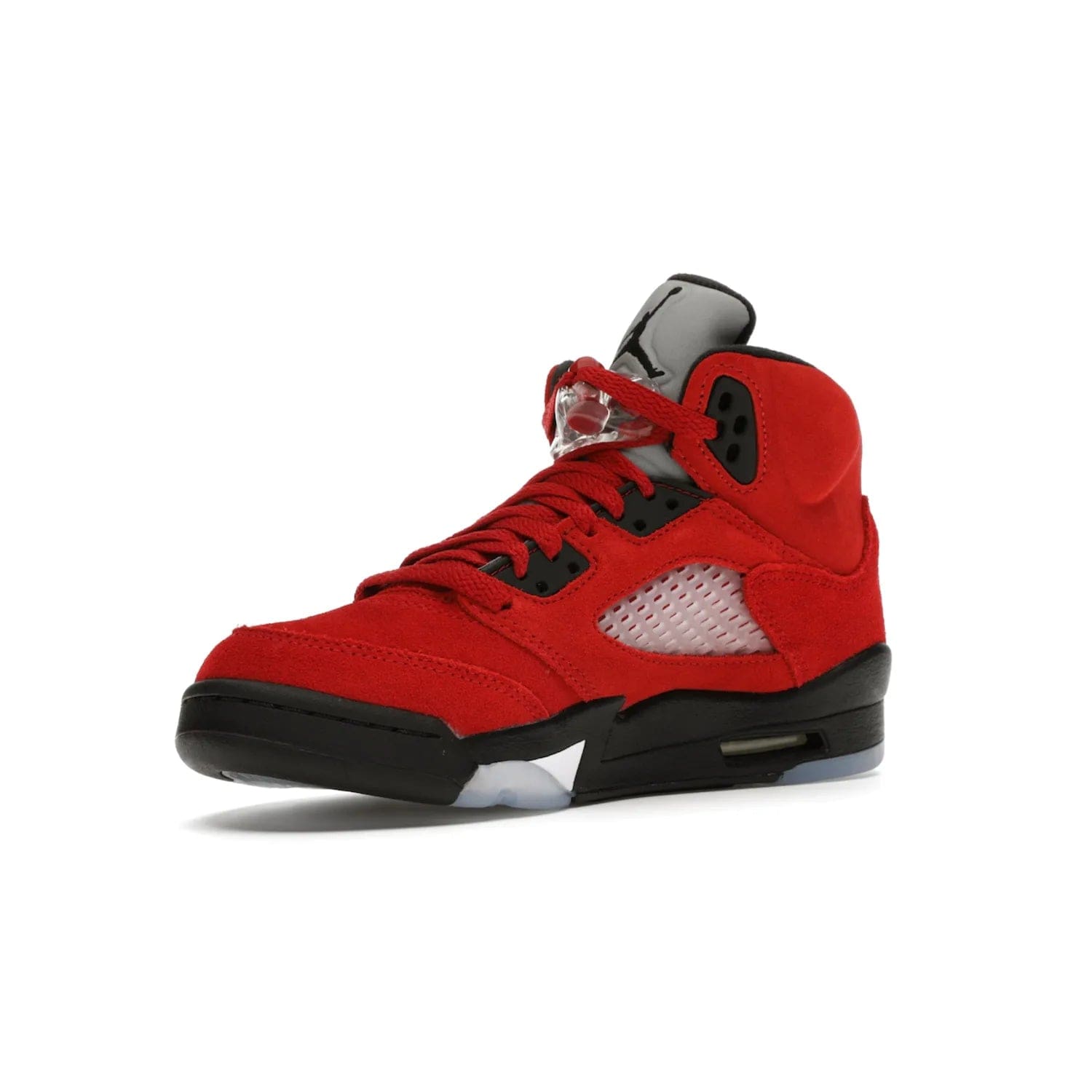 Jordan 5 Retro Raging Bull Red (2021) (GS) - Image 15 - Only at www.BallersClubKickz.com - Jordan 5 Retro Raging Bulls Red 2021 GS. Varsity Red suede upper with embroidered number 23, black leather detail, red laces, and midsole with air cushioning. Jumpman logos on tongue, heel, and outsole. On-trend streetwear and basketball style. Released April 10, 2021.