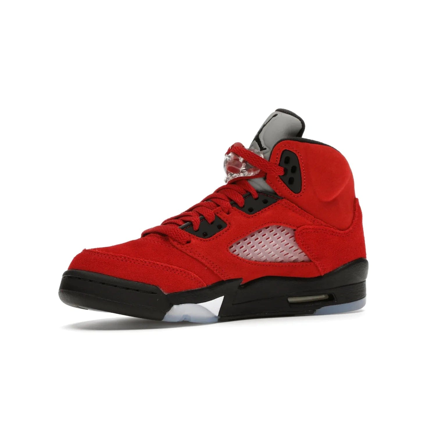 Jordan 5 Retro Raging Bull Red (2021) (GS) - Image 16 - Only at www.BallersClubKickz.com - Jordan 5 Retro Raging Bulls Red 2021 GS. Varsity Red suede upper with embroidered number 23, black leather detail, red laces, and midsole with air cushioning. Jumpman logos on tongue, heel, and outsole. On-trend streetwear and basketball style. Released April 10, 2021.