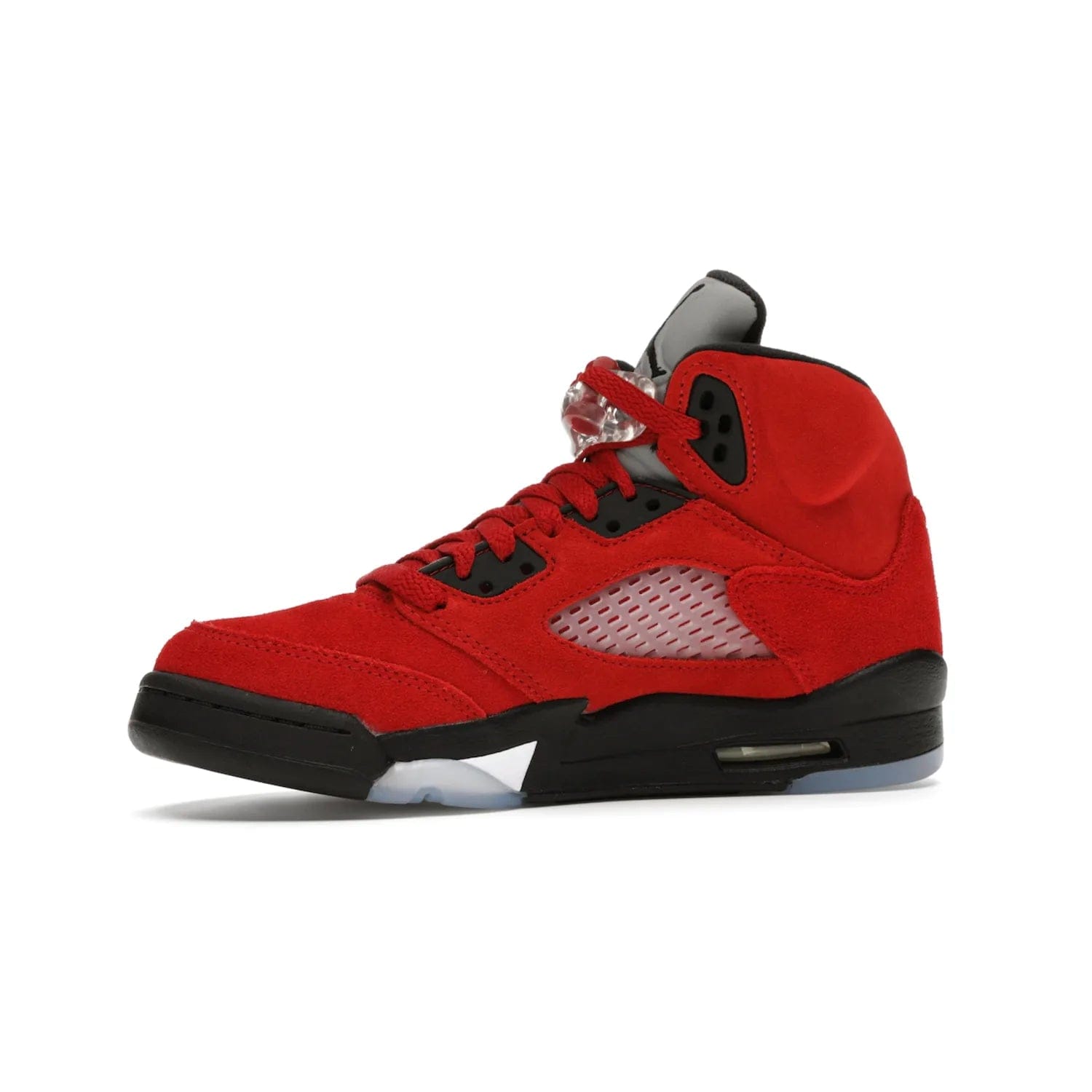 Jordan 5 Retro Raging Bull Red (2021) (GS) - Image 17 - Only at www.BallersClubKickz.com - Jordan 5 Retro Raging Bulls Red 2021 GS. Varsity Red suede upper with embroidered number 23, black leather detail, red laces, and midsole with air cushioning. Jumpman logos on tongue, heel, and outsole. On-trend streetwear and basketball style. Released April 10, 2021.