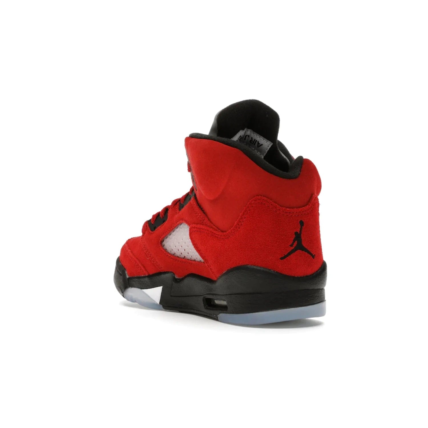 Jordan 5 Retro Raging Bull Red (2021) (GS) - Image 25 - Only at www.BallersClubKickz.com - Jordan 5 Retro Raging Bulls Red 2021 GS. Varsity Red suede upper with embroidered number 23, black leather detail, red laces, and midsole with air cushioning. Jumpman logos on tongue, heel, and outsole. On-trend streetwear and basketball style. Released April 10, 2021.