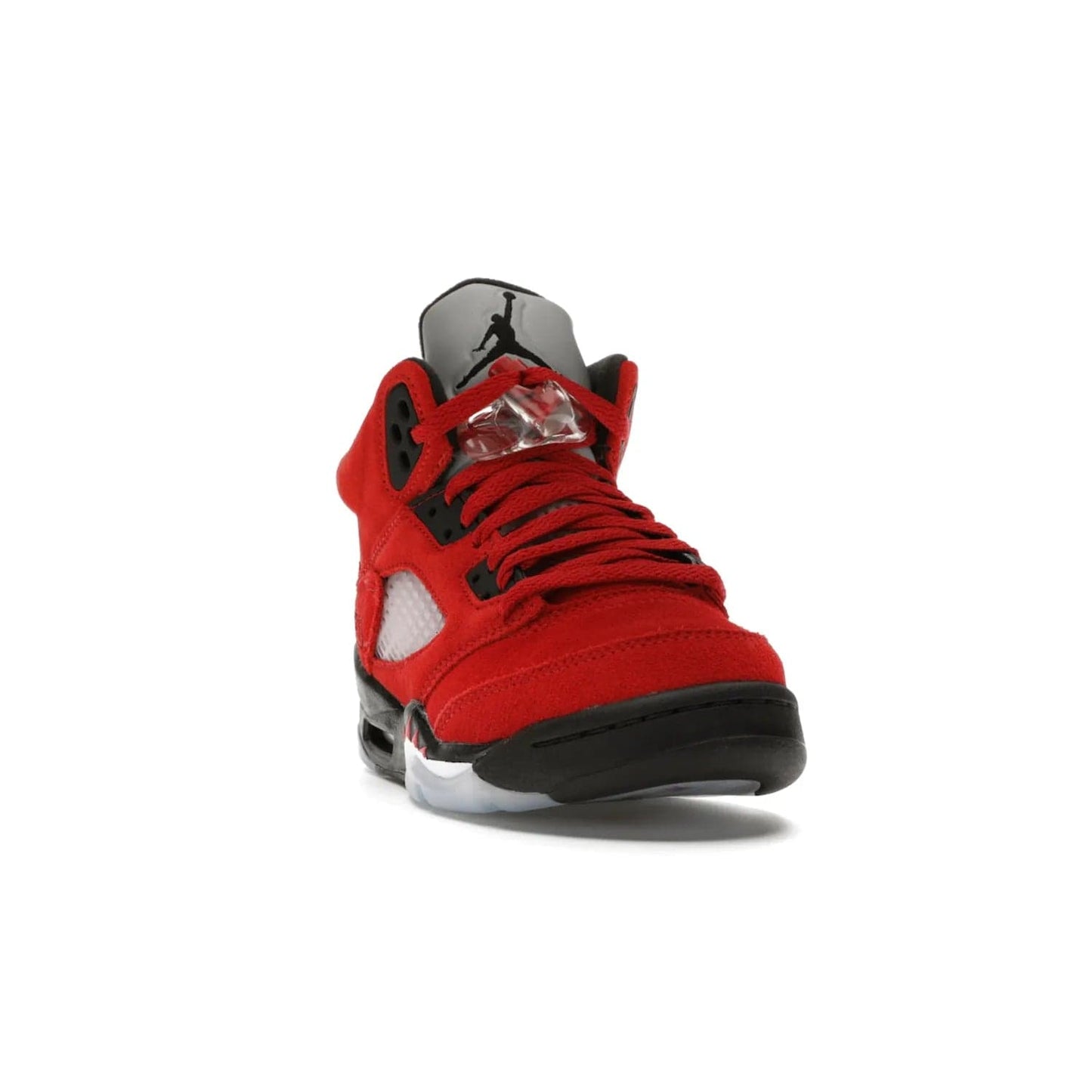 Jordan 5 Retro Raging Bull Red (2021) (GS) - Image 8 - Only at www.BallersClubKickz.com - Jordan 5 Retro Raging Bulls Red 2021 GS. Varsity Red suede upper with embroidered number 23, black leather detail, red laces, and midsole with air cushioning. Jumpman logos on tongue, heel, and outsole. On-trend streetwear and basketball style. Released April 10, 2021.