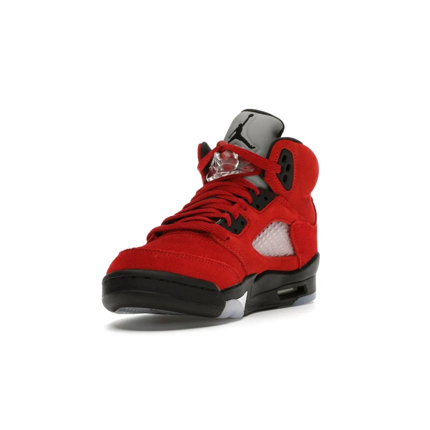 Jordan 5 Retro Raging Bull Red (2021) (GS) - Image 13 - Only at www.BallersClubKickz.com - Jordan 5 Retro Raging Bulls Red 2021 GS. Varsity Red suede upper with embroidered number 23, black leather detail, red laces, and midsole with air cushioning. Jumpman logos on tongue, heel, and outsole. On-trend streetwear and basketball style. Released April 10, 2021.