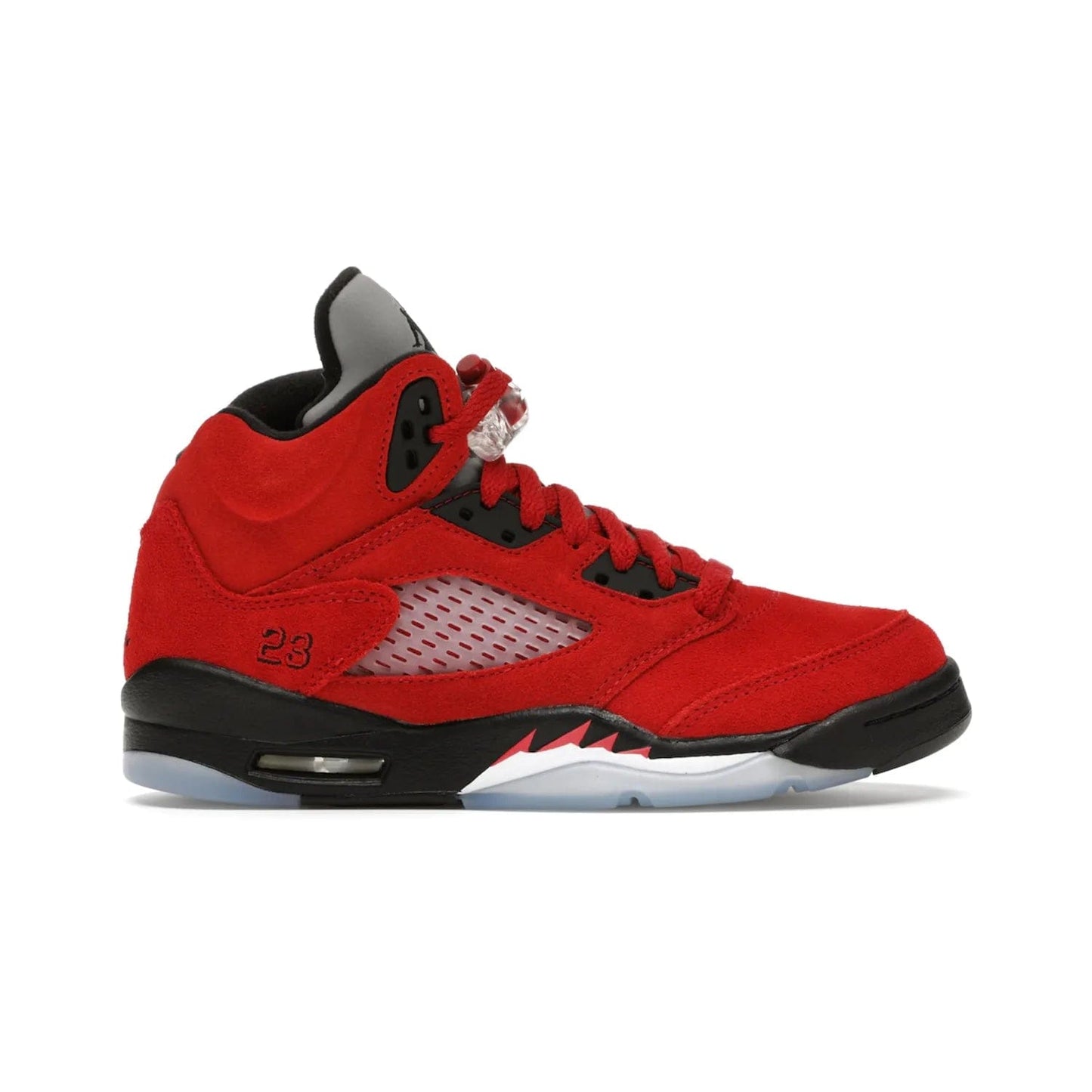 Jordan 5 Retro Raging Bull Red (2021) (GS) - Image 1 - Only at www.BallersClubKickz.com - Jordan 5 Retro Raging Bulls Red 2021 GS. Varsity Red suede upper with embroidered number 23, black leather detail, red laces, and midsole with air cushioning. Jumpman logos on tongue, heel, and outsole. On-trend streetwear and basketball style. Released April 10, 2021.