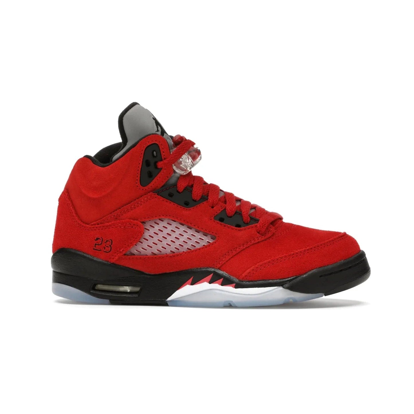 Jordan 5 Retro Raging Bull Red (2021) (GS) - Image 2 - Only at www.BallersClubKickz.com - Jordan 5 Retro Raging Bulls Red 2021 GS. Varsity Red suede upper with embroidered number 23, black leather detail, red laces, and midsole with air cushioning. Jumpman logos on tongue, heel, and outsole. On-trend streetwear and basketball style. Released April 10, 2021.