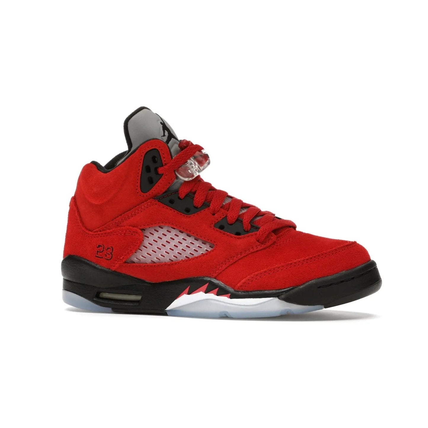 Jordan 5 Retro Raging Bull Red (2021) (GS) - Image 3 - Only at www.BallersClubKickz.com - Jordan 5 Retro Raging Bulls Red 2021 GS. Varsity Red suede upper with embroidered number 23, black leather detail, red laces, and midsole with air cushioning. Jumpman logos on tongue, heel, and outsole. On-trend streetwear and basketball style. Released April 10, 2021.