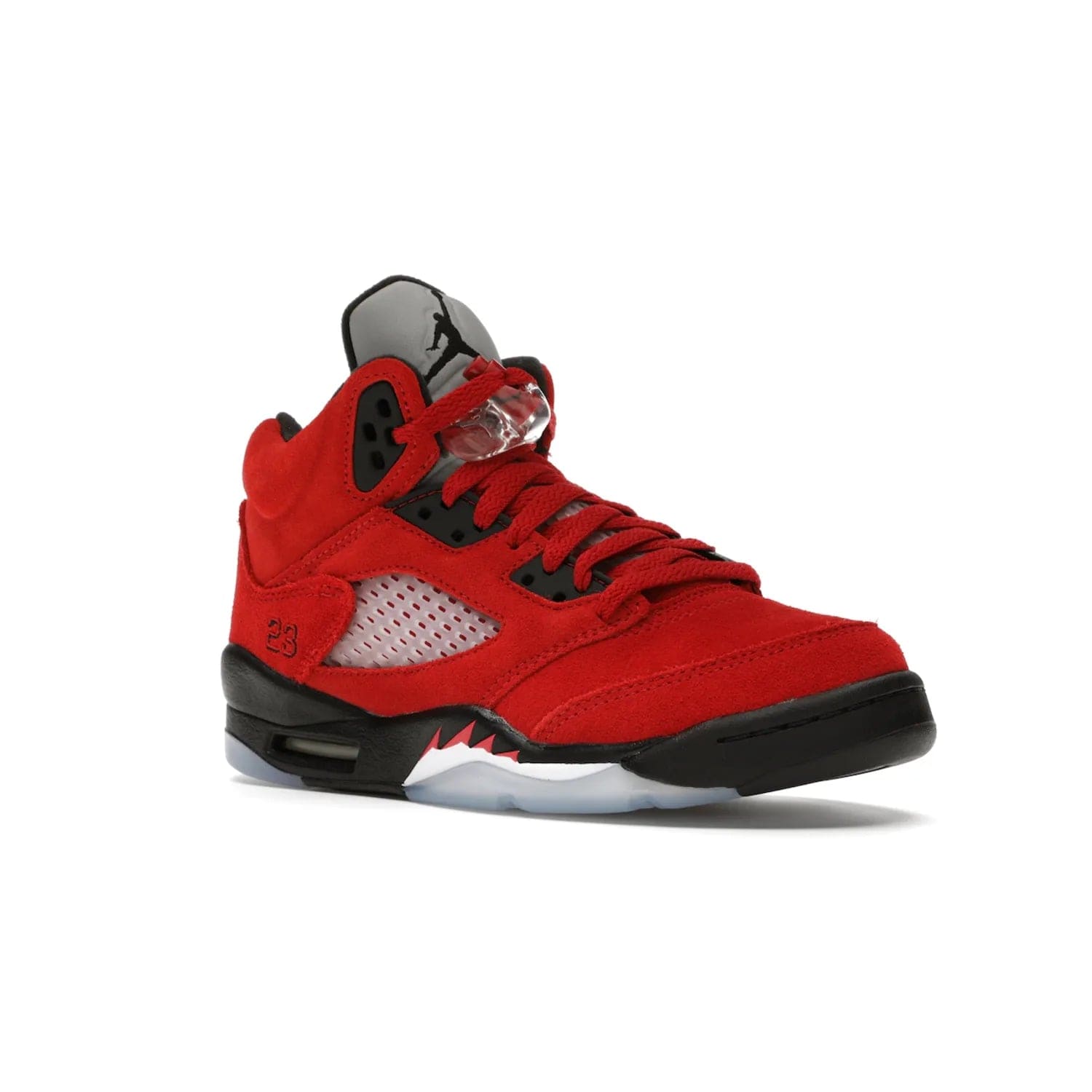 Jordan 5 Retro Raging Bull Red (2021) (GS) - Image 5 - Only at www.BallersClubKickz.com - Jordan 5 Retro Raging Bulls Red 2021 GS. Varsity Red suede upper with embroidered number 23, black leather detail, red laces, and midsole with air cushioning. Jumpman logos on tongue, heel, and outsole. On-trend streetwear and basketball style. Released April 10, 2021.