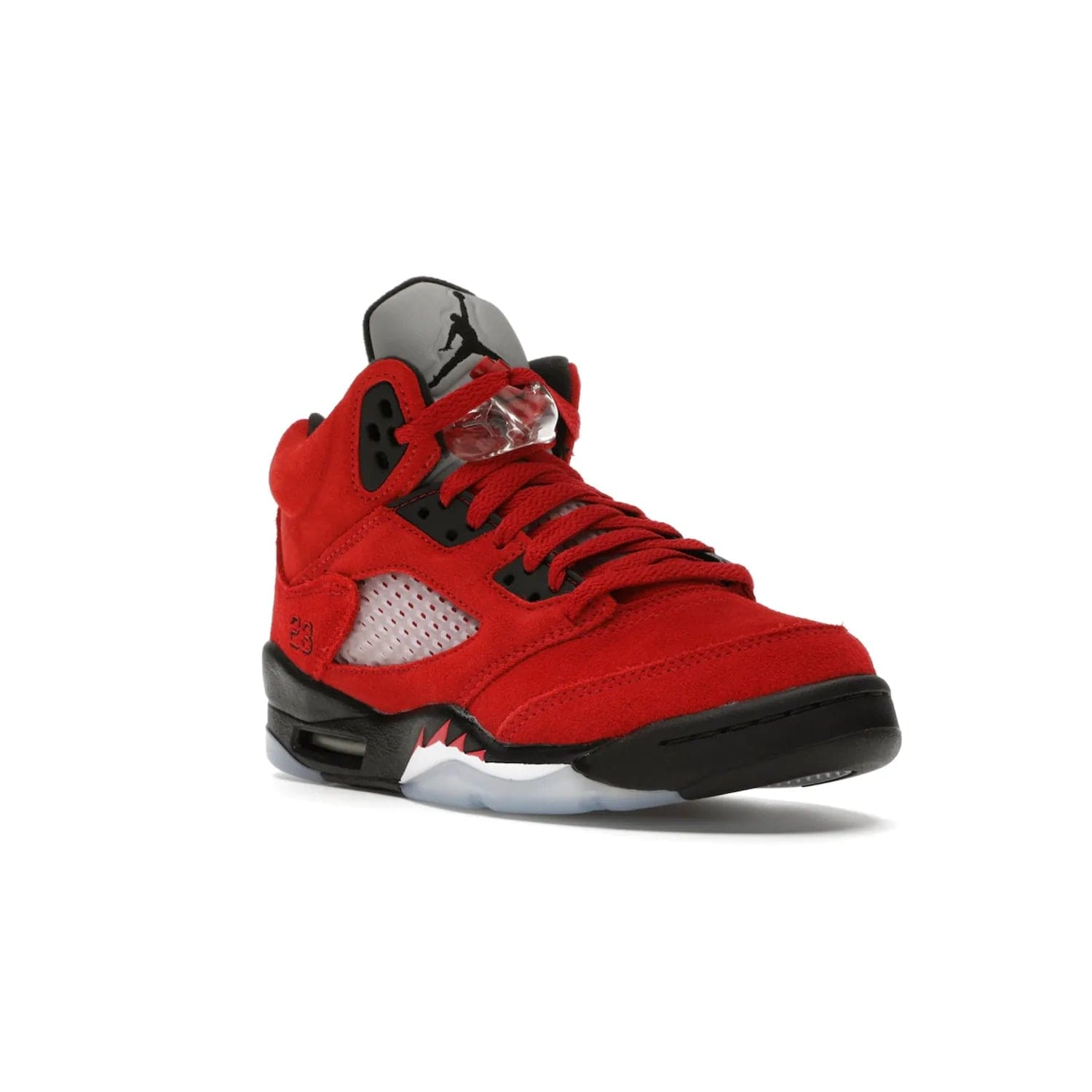 Jordan 5 Retro Raging Bull Red (2021) (GS) - Image 6 - Only at www.BallersClubKickz.com - Jordan 5 Retro Raging Bulls Red 2021 GS. Varsity Red suede upper with embroidered number 23, black leather detail, red laces, and midsole with air cushioning. Jumpman logos on tongue, heel, and outsole. On-trend streetwear and basketball style. Released April 10, 2021.