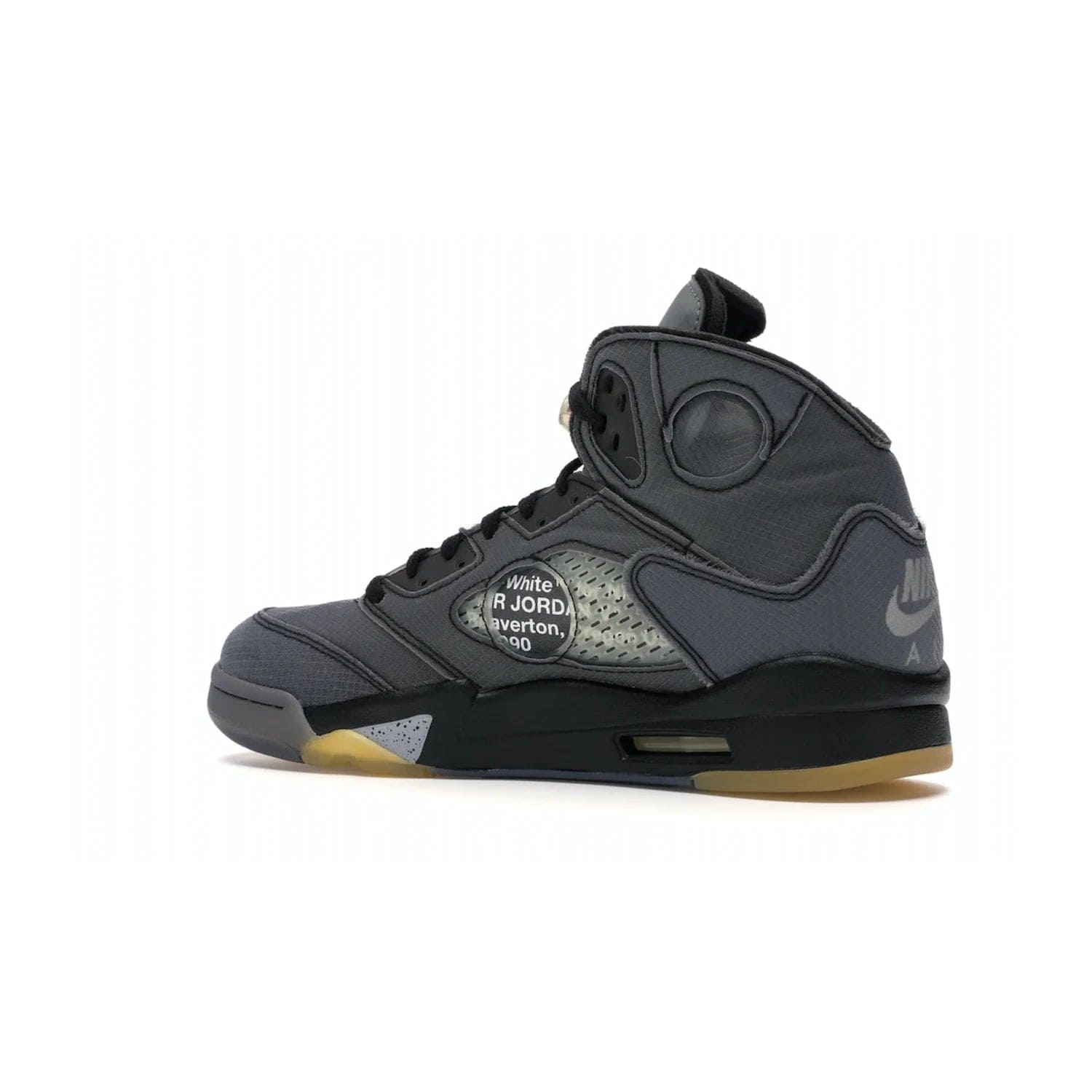 Jordan 5 Retro Off-White Muslin - Image 22 - Only at www.BallersClubKickz.com - Introducing the Jordan 5 Retro High Off-White Muslin, a modern re-imagining of a classic from Virgil Abloh. Featuring a black mesh upper, translucent net panels, window inserts, 3M reflective tongues and aged translucent outsole with fire red Jumpman detailing. Celebrating Nike Air technology, the Jordan 5 Retro released in Feb 2020.