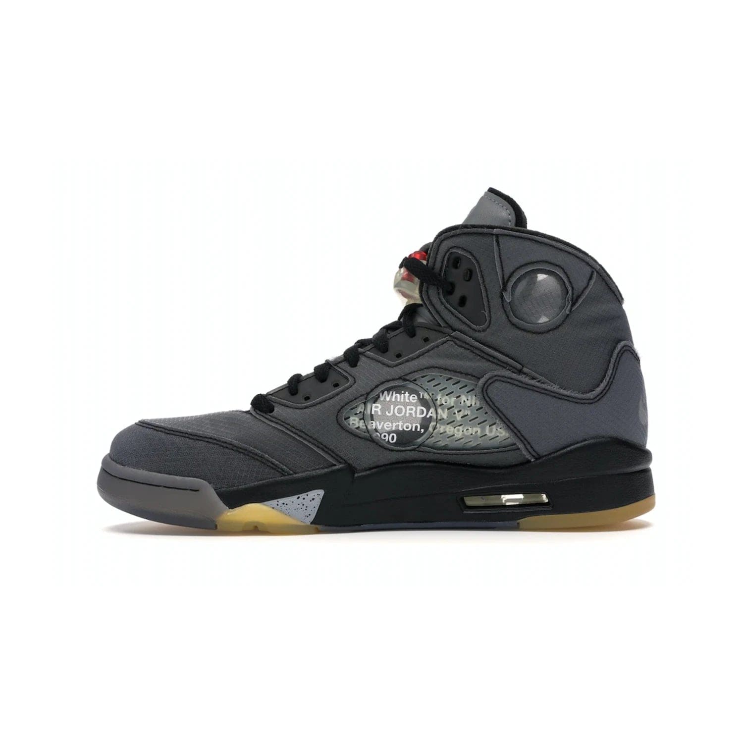 Jordan 5 Retro Off-White Muslin - Image 19 - Only at www.BallersClubKickz.com - Introducing the Jordan 5 Retro High Off-White Muslin, a modern re-imagining of a classic from Virgil Abloh. Featuring a black mesh upper, translucent net panels, window inserts, 3M reflective tongues and aged translucent outsole with fire red Jumpman detailing. Celebrating Nike Air technology, the Jordan 5 Retro released in Feb 2020.