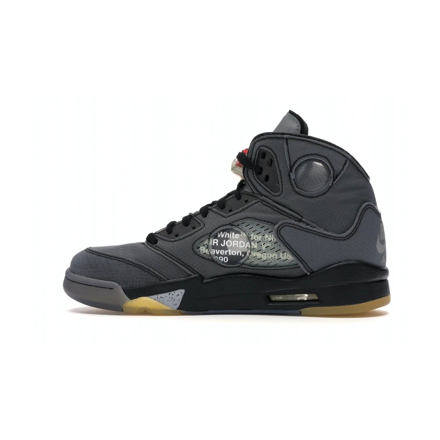 Jordan 5 Retro Off-White Muslin - Image 20 - Only at www.BallersClubKickz.com - Introducing the Jordan 5 Retro High Off-White Muslin, a modern re-imagining of a classic from Virgil Abloh. Featuring a black mesh upper, translucent net panels, window inserts, 3M reflective tongues and aged translucent outsole with fire red Jumpman detailing. Celebrating Nike Air technology, the Jordan 5 Retro released in Feb 2020.