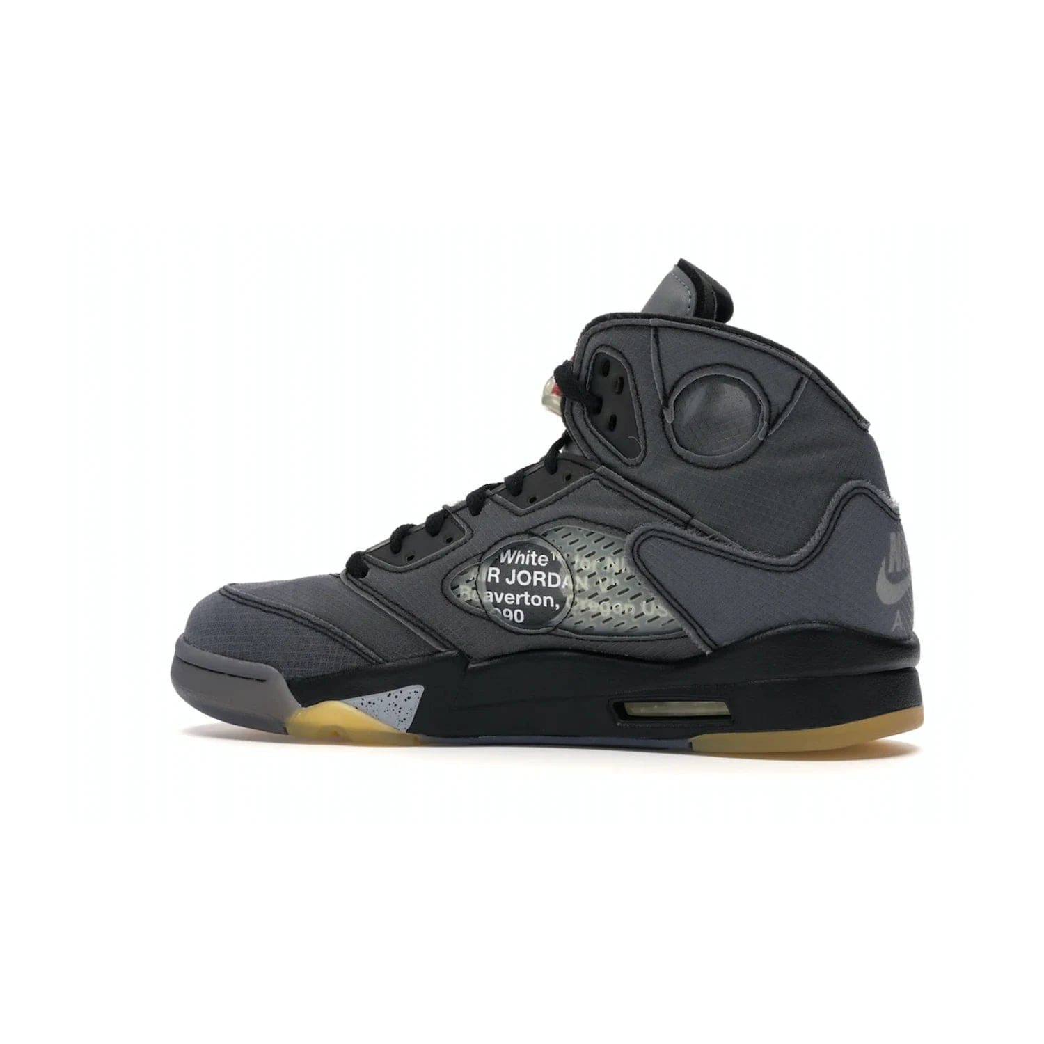 Jordan 5 Retro Off-White Muslin - Image 21 - Only at www.BallersClubKickz.com - Introducing the Jordan 5 Retro High Off-White Muslin, a modern re-imagining of a classic from Virgil Abloh. Featuring a black mesh upper, translucent net panels, window inserts, 3M reflective tongues and aged translucent outsole with fire red Jumpman detailing. Celebrating Nike Air technology, the Jordan 5 Retro released in Feb 2020.