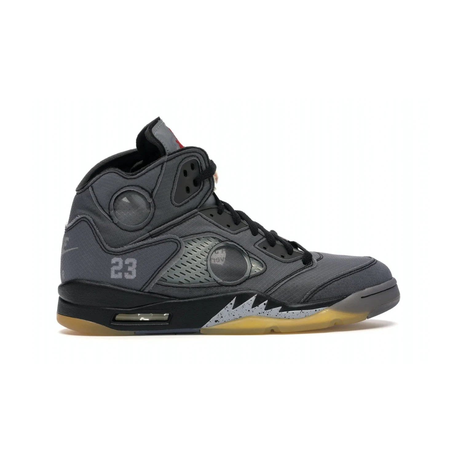 Jordan 5 Retro Off-White Muslin - Image 36 - Only at www.BallersClubKickz.com - Introducing the Jordan 5 Retro High Off-White Muslin, a modern re-imagining of a classic from Virgil Abloh. Featuring a black mesh upper, translucent net panels, window inserts, 3M reflective tongues and aged translucent outsole with fire red Jumpman detailing. Celebrating Nike Air technology, the Jordan 5 Retro released in Feb 2020.