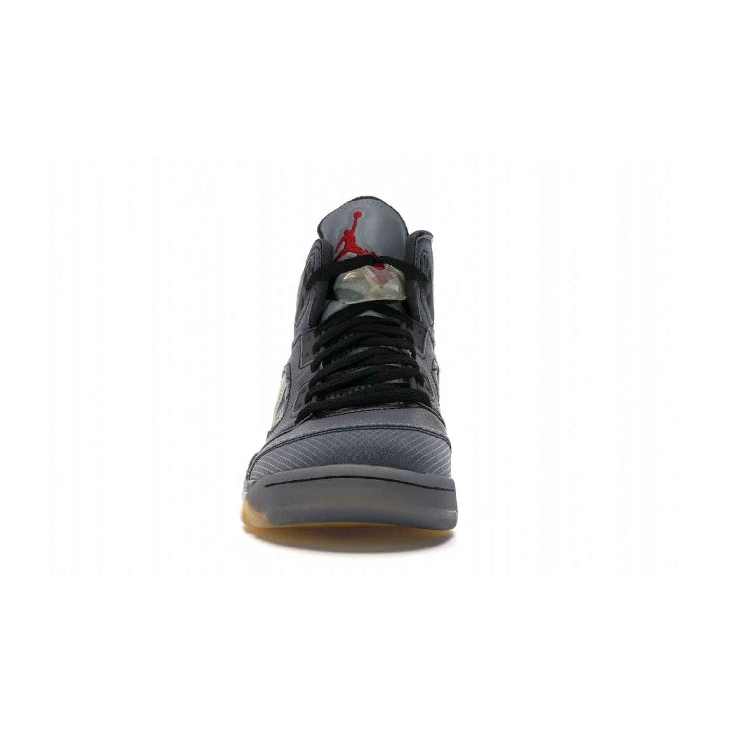 Jordan 5 Retro Off-White Muslin - Image 10 - Only at www.BallersClubKickz.com - Introducing the Jordan 5 Retro High Off-White Muslin, a modern re-imagining of a classic from Virgil Abloh. Featuring a black mesh upper, translucent net panels, window inserts, 3M reflective tongues and aged translucent outsole with fire red Jumpman detailing. Celebrating Nike Air technology, the Jordan 5 Retro released in Feb 2020.