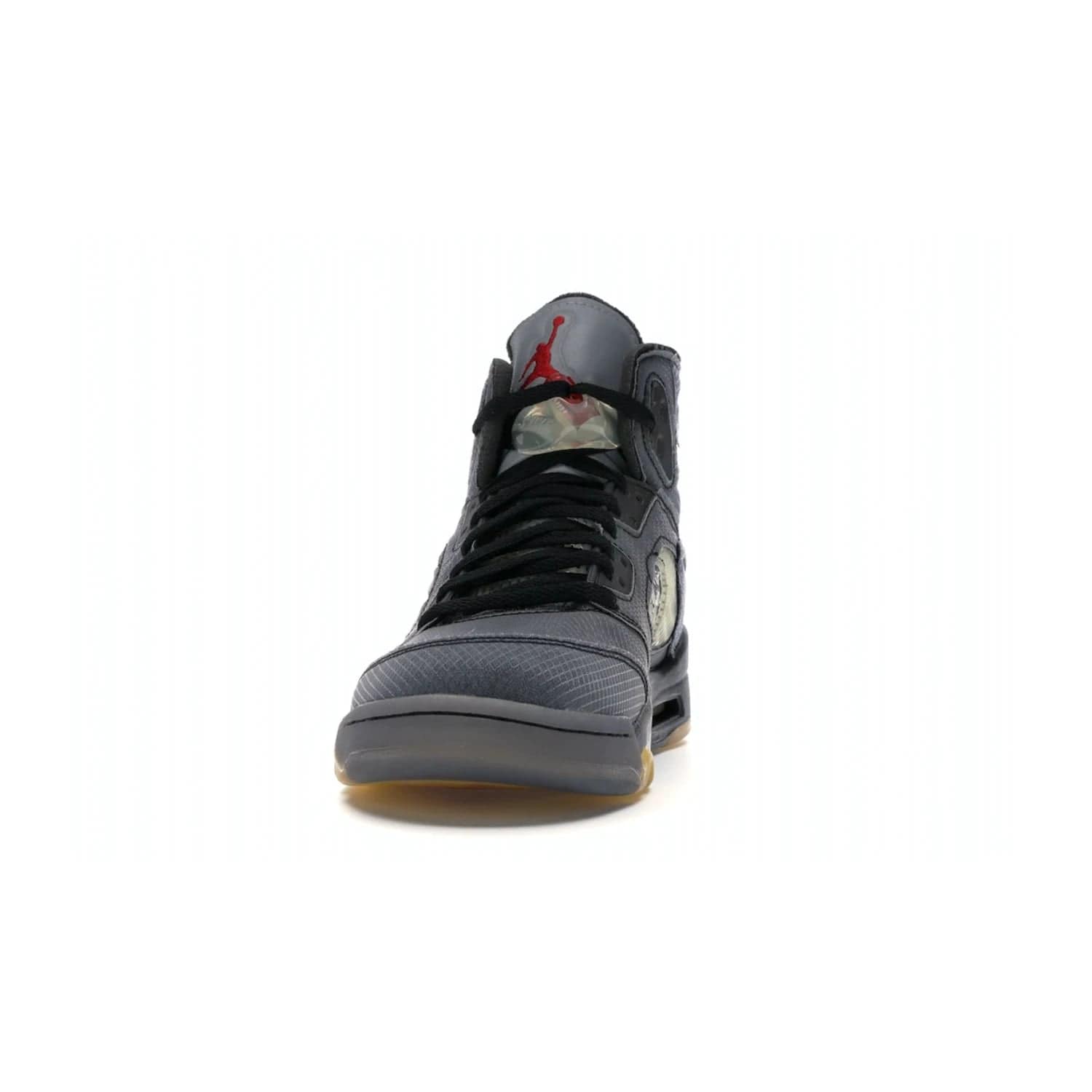 Jordan 5 Retro Off-White Muslin - Image 11 - Only at www.BallersClubKickz.com - Introducing the Jordan 5 Retro High Off-White Muslin, a modern re-imagining of a classic from Virgil Abloh. Featuring a black mesh upper, translucent net panels, window inserts, 3M reflective tongues and aged translucent outsole with fire red Jumpman detailing. Celebrating Nike Air technology, the Jordan 5 Retro released in Feb 2020.