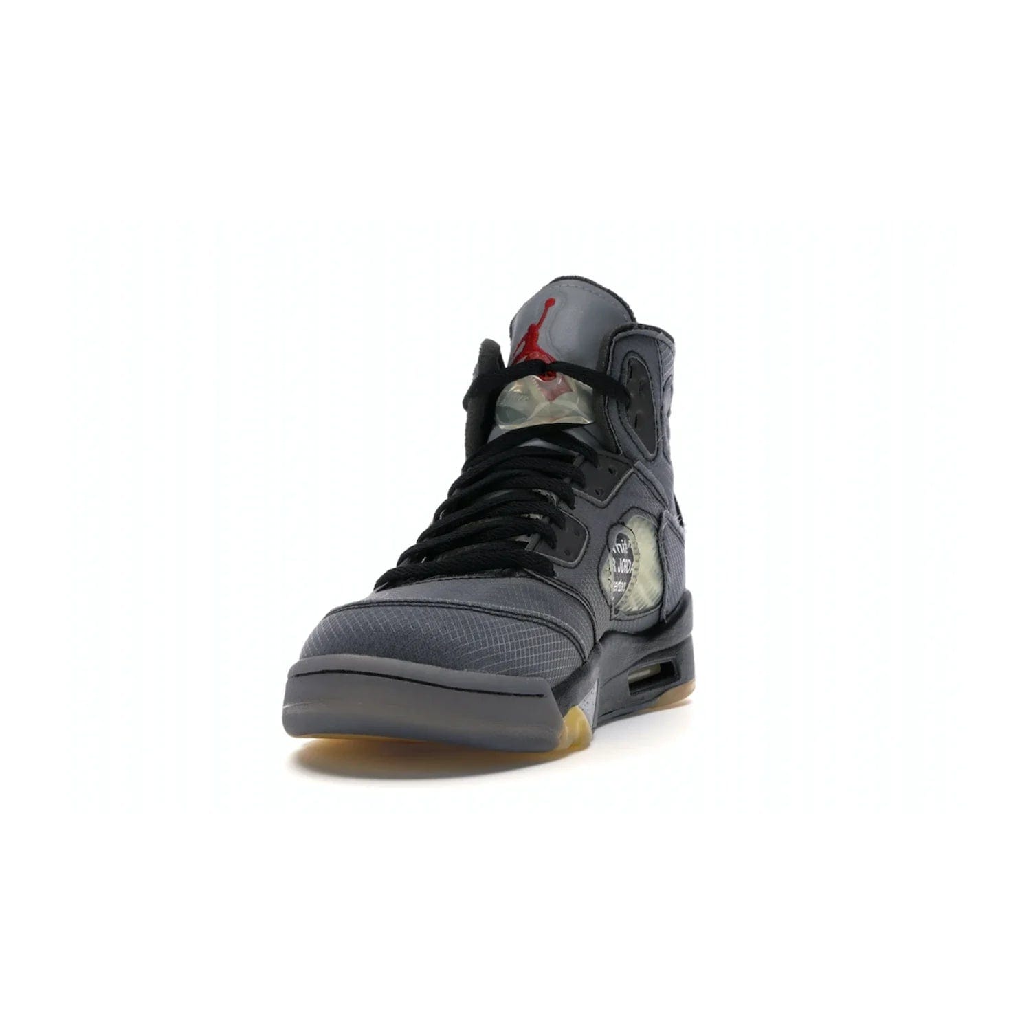 Jordan 5 Retro Off-White Muslin - Image 12 - Only at www.BallersClubKickz.com - Introducing the Jordan 5 Retro High Off-White Muslin, a modern re-imagining of a classic from Virgil Abloh. Featuring a black mesh upper, translucent net panels, window inserts, 3M reflective tongues and aged translucent outsole with fire red Jumpman detailing. Celebrating Nike Air technology, the Jordan 5 Retro released in Feb 2020.