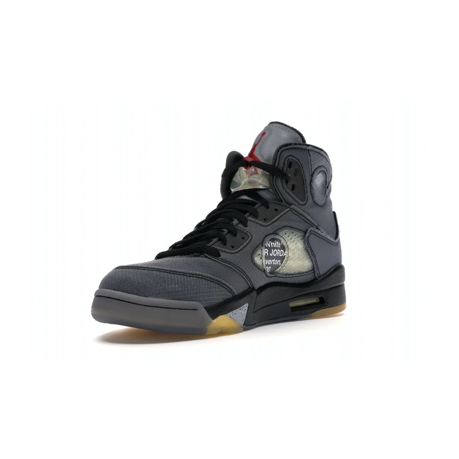 Jordan 5 Retro Off-White Muslin - Image 14 - Only at www.BallersClubKickz.com - Introducing the Jordan 5 Retro High Off-White Muslin, a modern re-imagining of a classic from Virgil Abloh. Featuring a black mesh upper, translucent net panels, window inserts, 3M reflective tongues and aged translucent outsole with fire red Jumpman detailing. Celebrating Nike Air technology, the Jordan 5 Retro released in Feb 2020.