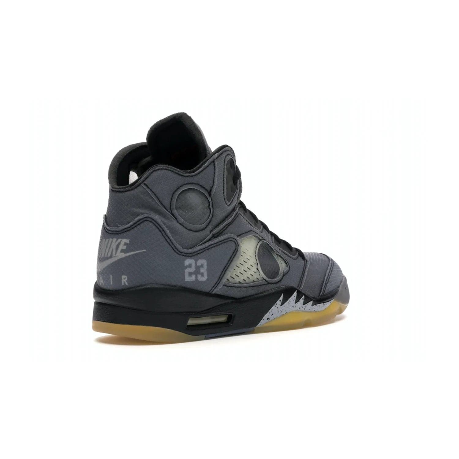 Jordan 5 Retro Off-White Muslin - Image 32 - Only at www.BallersClubKickz.com - Introducing the Jordan 5 Retro High Off-White Muslin, a modern re-imagining of a classic from Virgil Abloh. Featuring a black mesh upper, translucent net panels, window inserts, 3M reflective tongues and aged translucent outsole with fire red Jumpman detailing. Celebrating Nike Air technology, the Jordan 5 Retro released in Feb 2020.