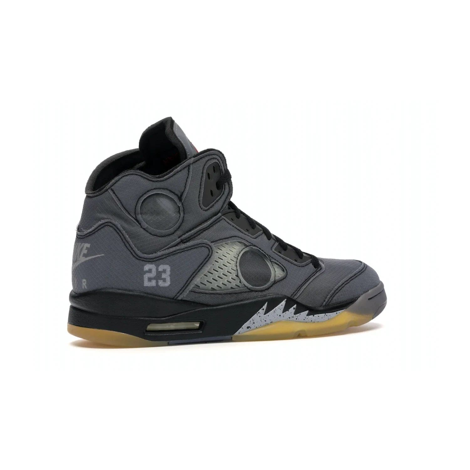 Jordan 5 Retro Off-White Muslin - Image 34 - Only at www.BallersClubKickz.com - Introducing the Jordan 5 Retro High Off-White Muslin, a modern re-imagining of a classic from Virgil Abloh. Featuring a black mesh upper, translucent net panels, window inserts, 3M reflective tongues and aged translucent outsole with fire red Jumpman detailing. Celebrating Nike Air technology, the Jordan 5 Retro released in Feb 2020.