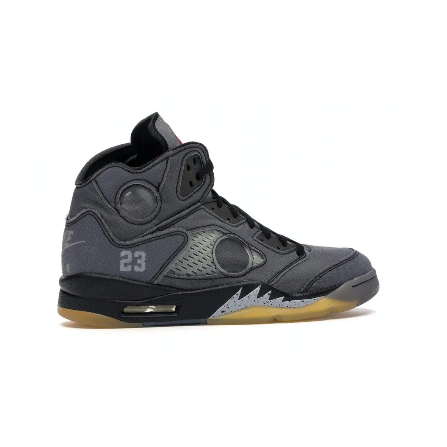 Jordan 5 Retro Off-White Muslin - Image 35 - Only at www.BallersClubKickz.com - Introducing the Jordan 5 Retro High Off-White Muslin, a modern re-imagining of a classic from Virgil Abloh. Featuring a black mesh upper, translucent net panels, window inserts, 3M reflective tongues and aged translucent outsole with fire red Jumpman detailing. Celebrating Nike Air technology, the Jordan 5 Retro released in Feb 2020.