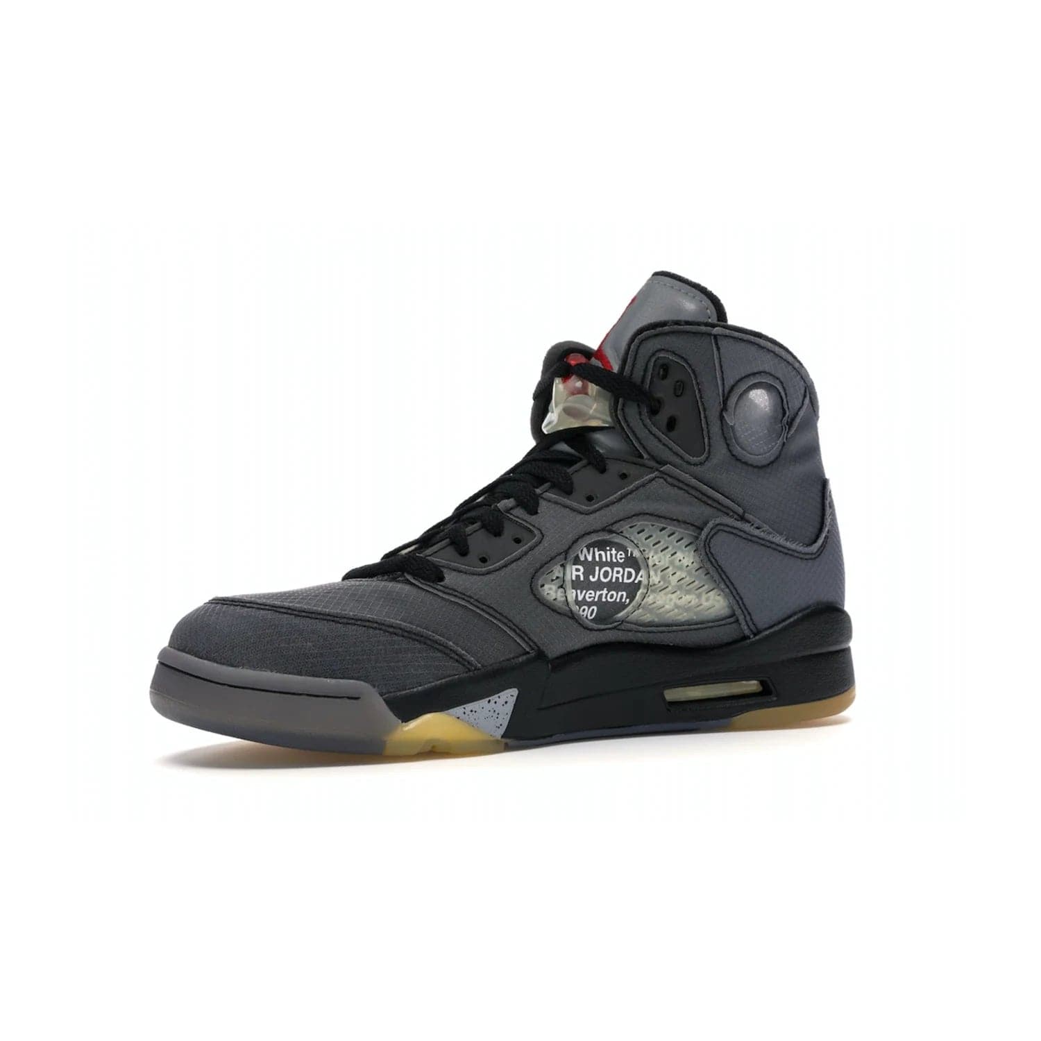 Jordan 5 Retro Off-White Muslin - Image 16 - Only at www.BallersClubKickz.com - Introducing the Jordan 5 Retro High Off-White Muslin, a modern re-imagining of a classic from Virgil Abloh. Featuring a black mesh upper, translucent net panels, window inserts, 3M reflective tongues and aged translucent outsole with fire red Jumpman detailing. Celebrating Nike Air technology, the Jordan 5 Retro released in Feb 2020.