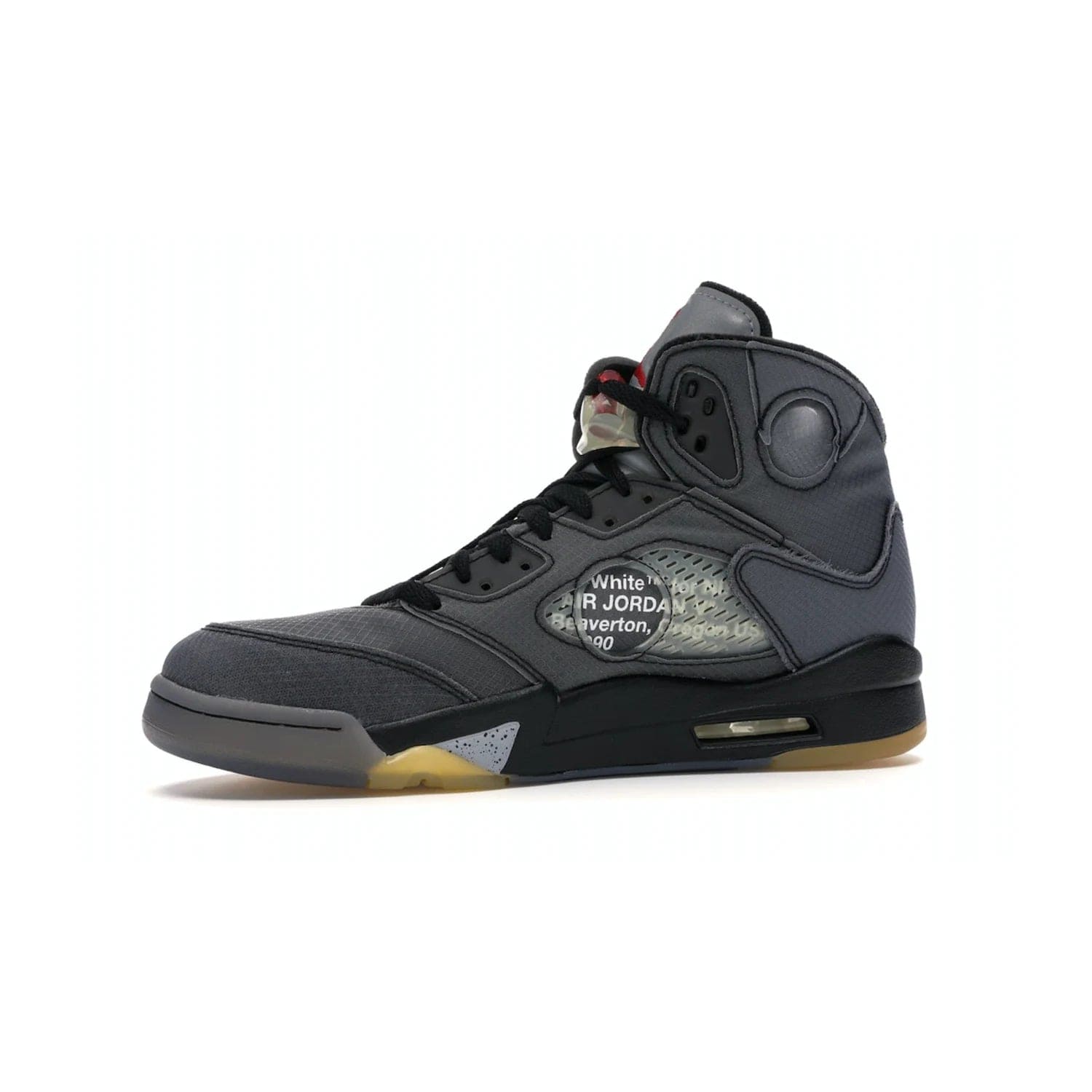 Jordan 5 Retro Off-White Muslin - Image 17 - Only at www.BallersClubKickz.com - Introducing the Jordan 5 Retro High Off-White Muslin, a modern re-imagining of a classic from Virgil Abloh. Featuring a black mesh upper, translucent net panels, window inserts, 3M reflective tongues and aged translucent outsole with fire red Jumpman detailing. Celebrating Nike Air technology, the Jordan 5 Retro released in Feb 2020.