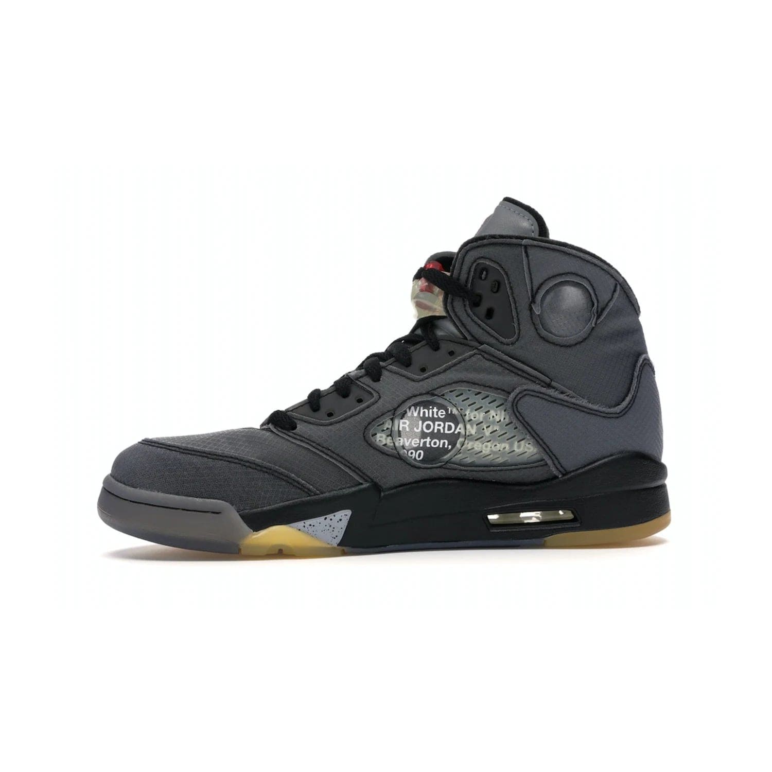 Jordan 5 Retro Off-White Muslin - Image 18 - Only at www.BallersClubKickz.com - Introducing the Jordan 5 Retro High Off-White Muslin, a modern re-imagining of a classic from Virgil Abloh. Featuring a black mesh upper, translucent net panels, window inserts, 3M reflective tongues and aged translucent outsole with fire red Jumpman detailing. Celebrating Nike Air technology, the Jordan 5 Retro released in Feb 2020.